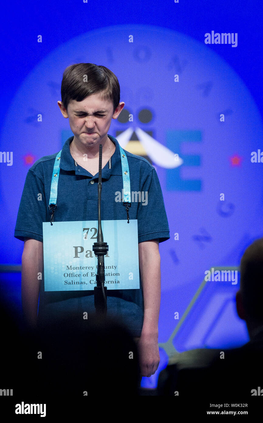 Paul Hamrick, 14, from Monterey, California, participates in the final round of the 2018 Scripps National Spelling Bee on May 31, 2018 in Oxon Hill, Maryland. The Bee was expanded this year and now spans three days with 519 spellers. Forty-one spellers advanced to the final round.  Photo by Pete Marovich/UPI Stock Photo