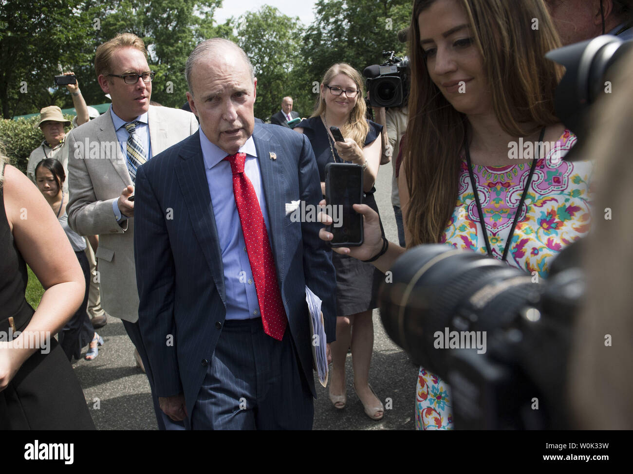 National Economic Advisor Larry Kudlow speaks  to reporters about the May job numbers and the recent tariffs on imports from Canada, Mexico and European countries, at the White House in Washington, D.C., June 1, 2018. The U.S. added 223,000 Jobs in May and the unemployment rate dropped to 3.8%. Photo by Kevin Dietsch/UPI Stock Photo