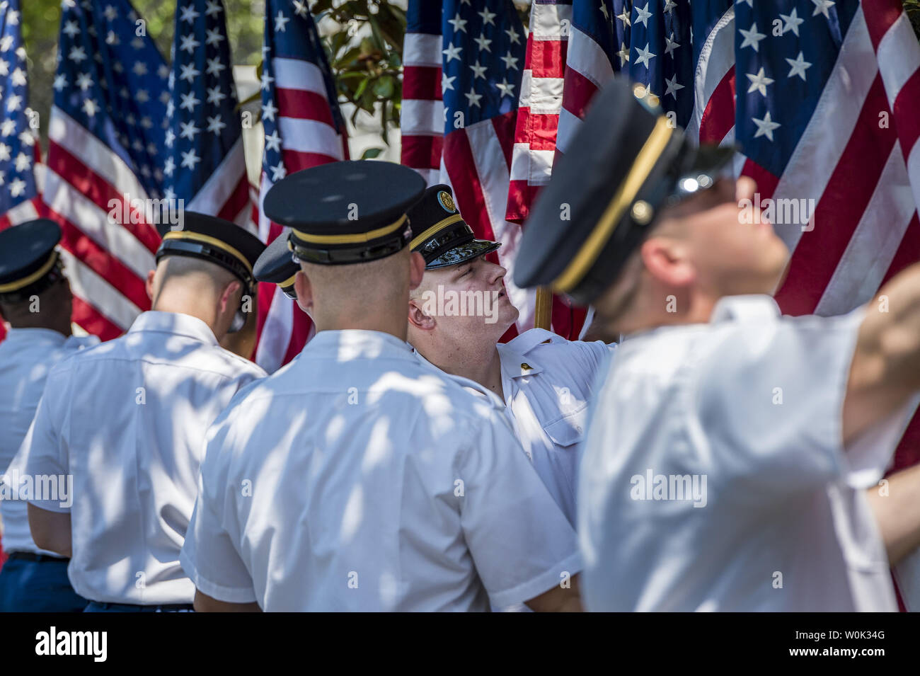 The US Army color guard prepares the flag backdrop for the 'Celebration of America' event on the South Lawn of the White House on June 5, 2018 in Washington, DC. The celebration is being staged as a replacement for a White House visit by the Super Bowl champion Philadelphia Eagles. Some of the team was planning on boycotting the event due to the President's stance on players kneeling during the National Anthem at NFL games, so Trump rescinded their invitation.      Photo by Pete Marovich/UPI Stock Photo