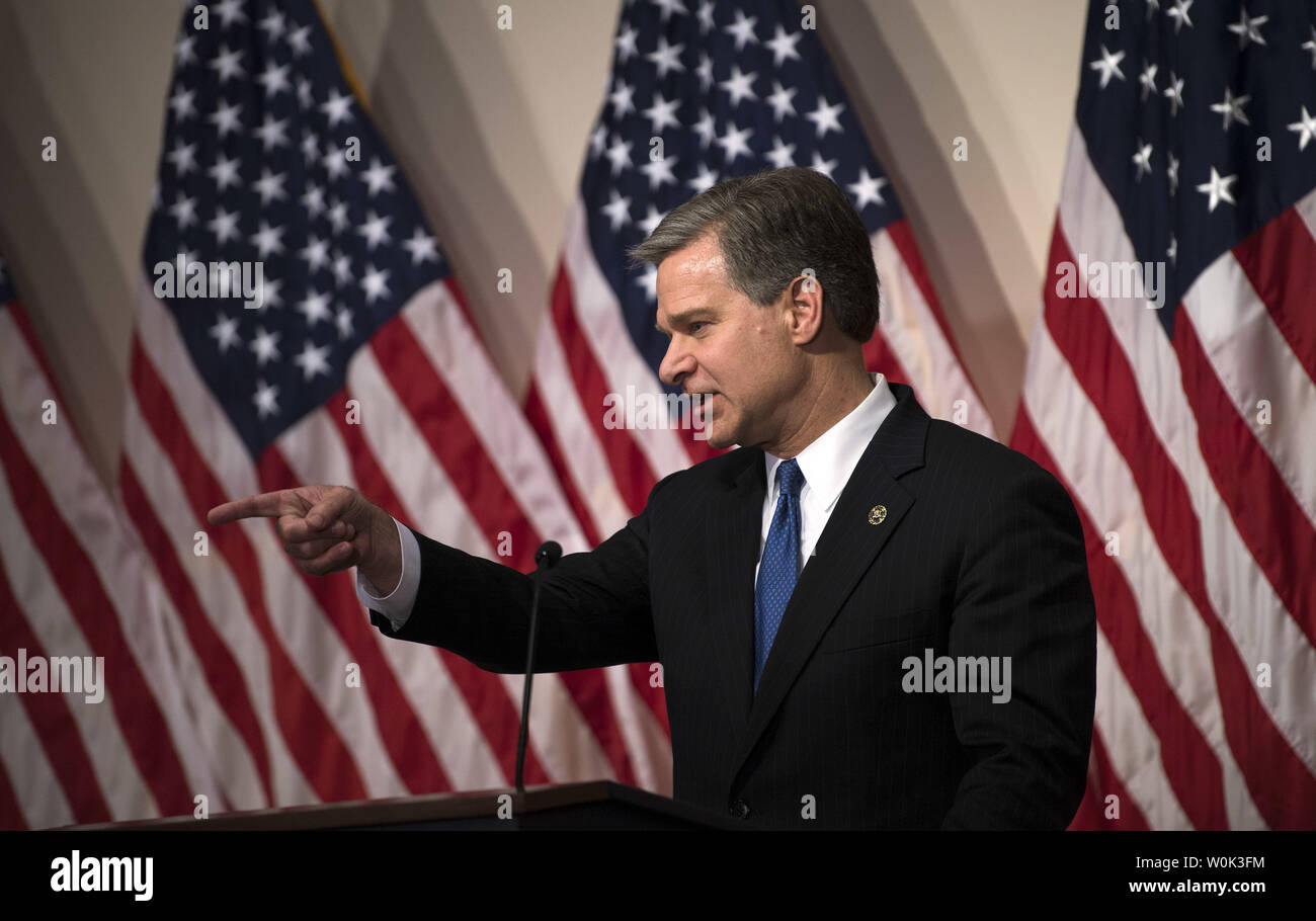 Christopher Wray, Director of the Federal Bureau of Investigation (FBI), speaks at a press conference on the Inspector General's Report on the Justice Department and FBI's activities in the run-up to the 2016 Presidential election, at the FBI Headquarters in Washington, D.C. on June 14, 2018. Wray said that white the report did not find any evidence of political bias the report did identify errors of judgment and violations of FBI policy. Photo by Kevin Dietsch/UPI Stock Photo