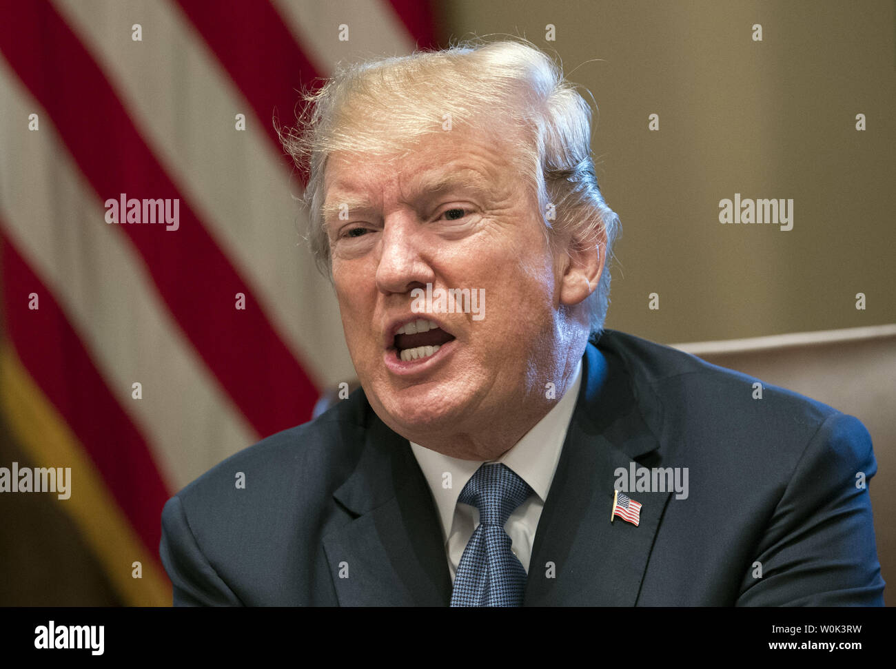 President Donald Trump (C) speaks to the media during a Cabinet meeting ...