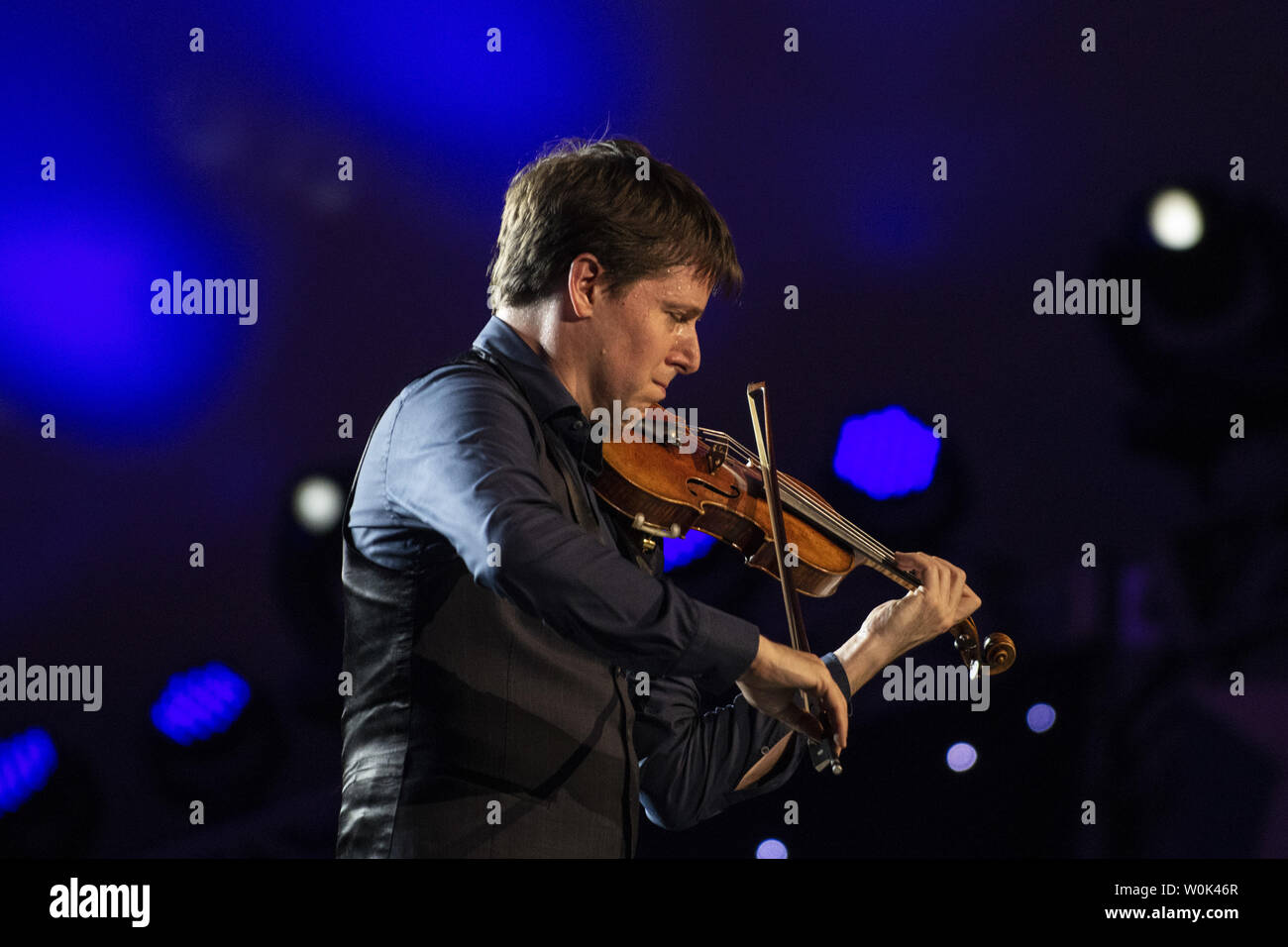 Violinist Joshua Bell performs a West Side Story song during a dress rehearsal for the Capitol Fourth concert in Washington, DC on July 3, 2018.  The annual PBS TV show will be performed live with fireworks during the Fourth of July celebrations in the nation's capital on July 4, 2018.   Photo by Pat Benic Stock Photo