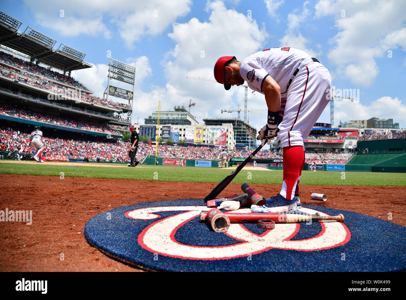 Washington Nationals right fielder Bryce Harper (34) prepare to batt against the Boston Red Sox at Nationals Park in Washington, D.C. on July 4, 2018.  Photo by Kevin Dietsch/UPI Stock Photo