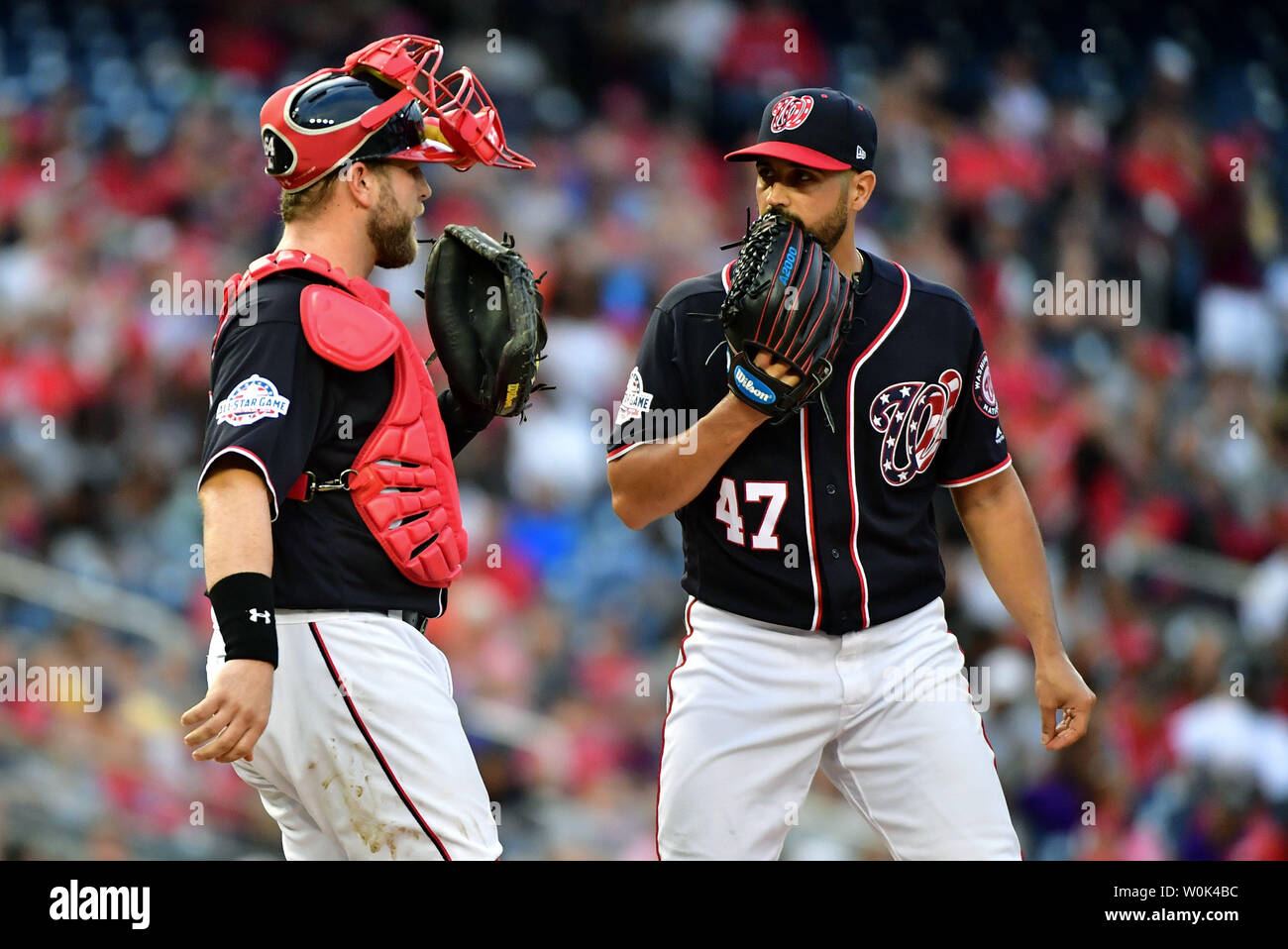 Washington Nationals starting pitcher Gio Gonzalez (47) talks to catcher Spencer Kieboom in the third inning against the Miami Marlins at Nationals Park in Washington, D.C. on July 6, 2018. Photo by Kevin Dietsch/UPI Stock Photo