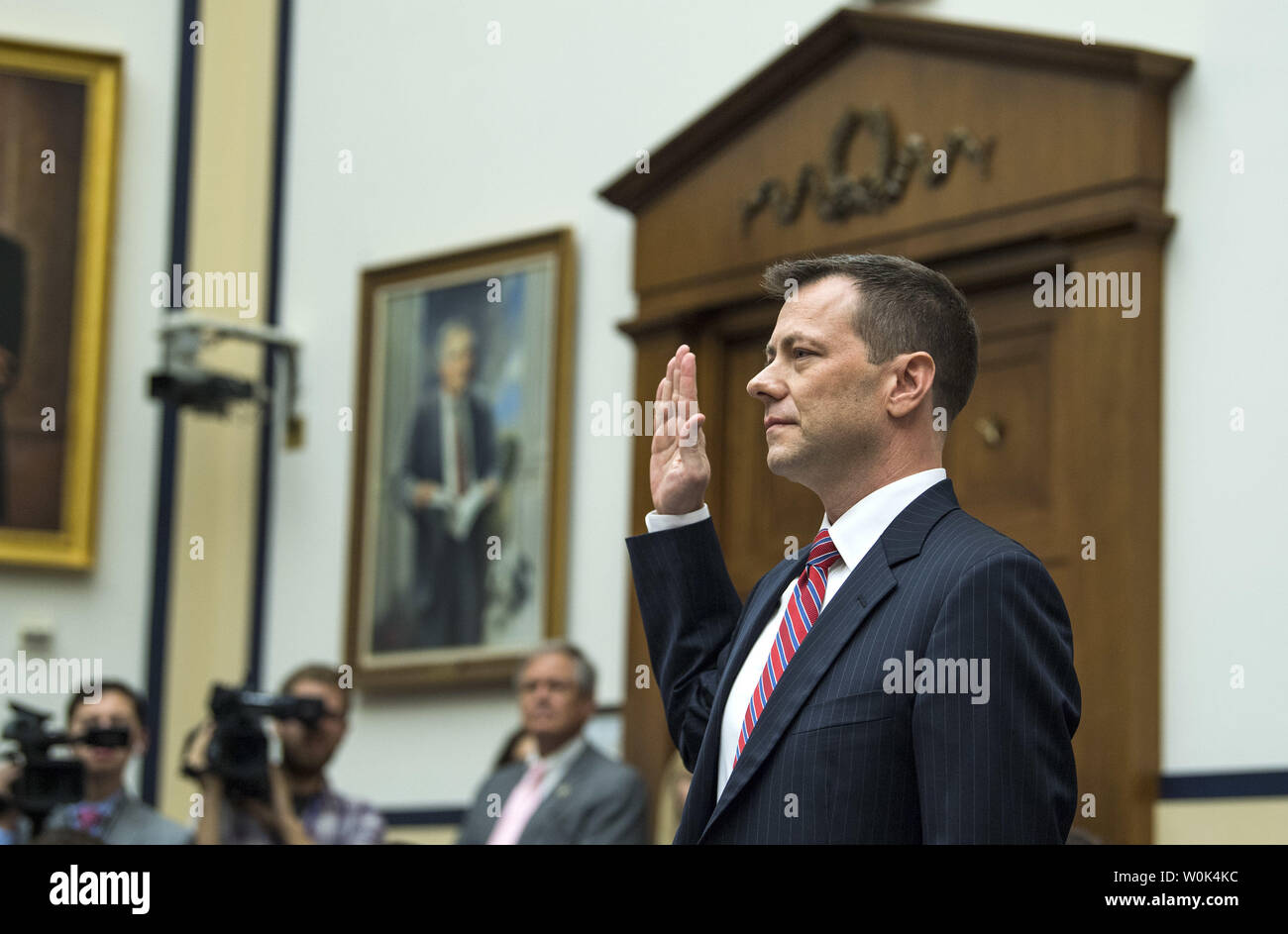 Peter Strzok, Deputy Assistant Director of the Federal Bureau of Investigation (FBI), is sworn-in before testing at a House Judiciary and Oversight Committees joint hearing on FBI and Department of Justice actions surrounding the 2016 election, on Capitol Hill in Washington, D.C. on July 12, 2018. Photo by Kevin Dietsch/UPI Stock Photo