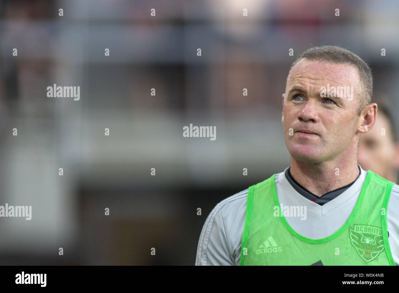 D.C. United forward Wayne Rooney (9) takes the field prior to game between D.C. United and Vancouver Whitecaps at Audi Filed in Washington, DC on July 14, 2018. This is D.C. United's first game at the new field. Photo by Alex Edelman/UPI Stock Photo