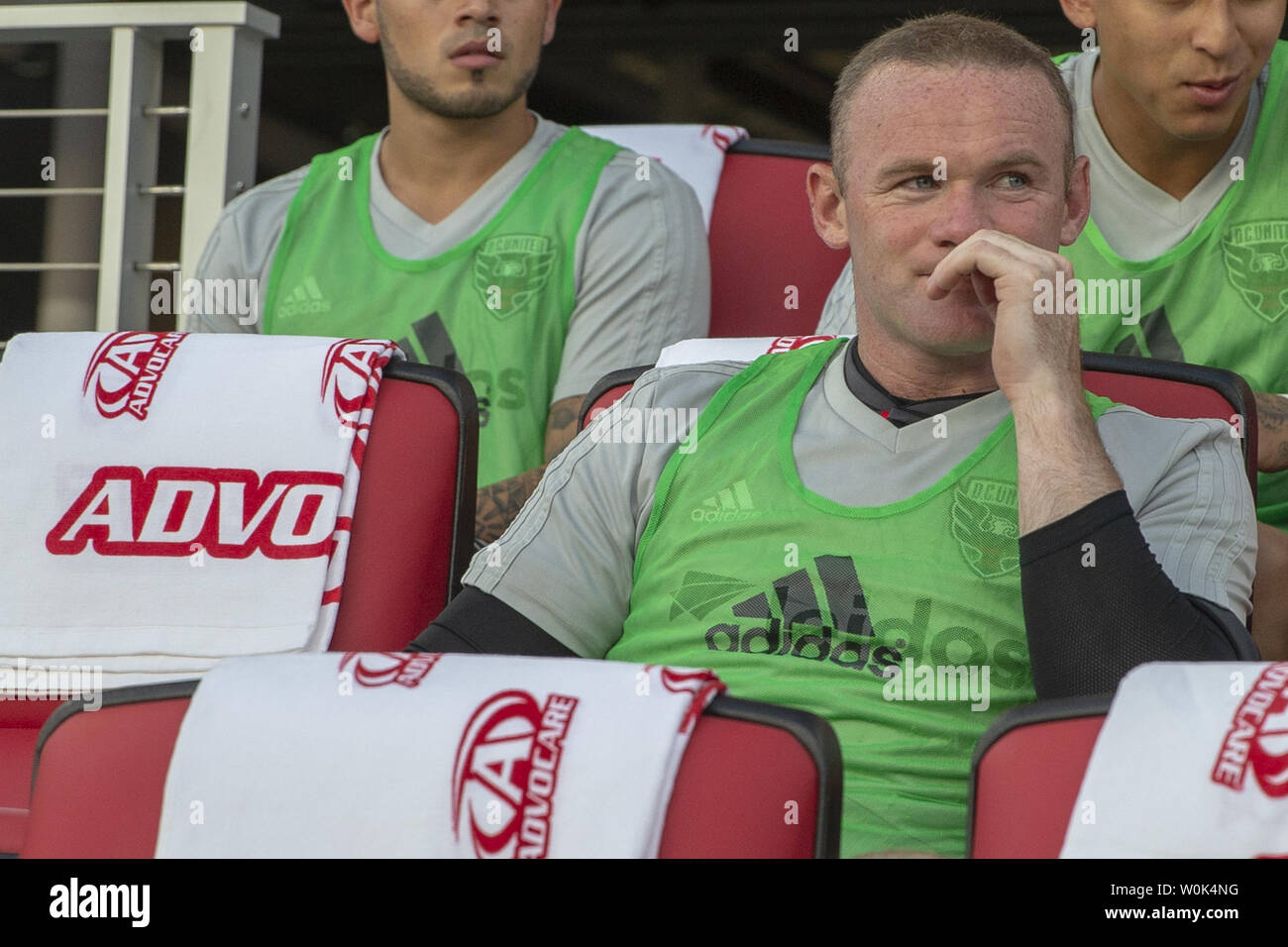 D.C. United forward Wayne Rooney (9) sits on the bench prior to game between D.C. United and Vancouver Whitecaps at Audi Filed in Washington, DC on July 14, 2018. This is D.C. United's first game at the new field. Photo by Alex Edelman/UPI Stock Photo