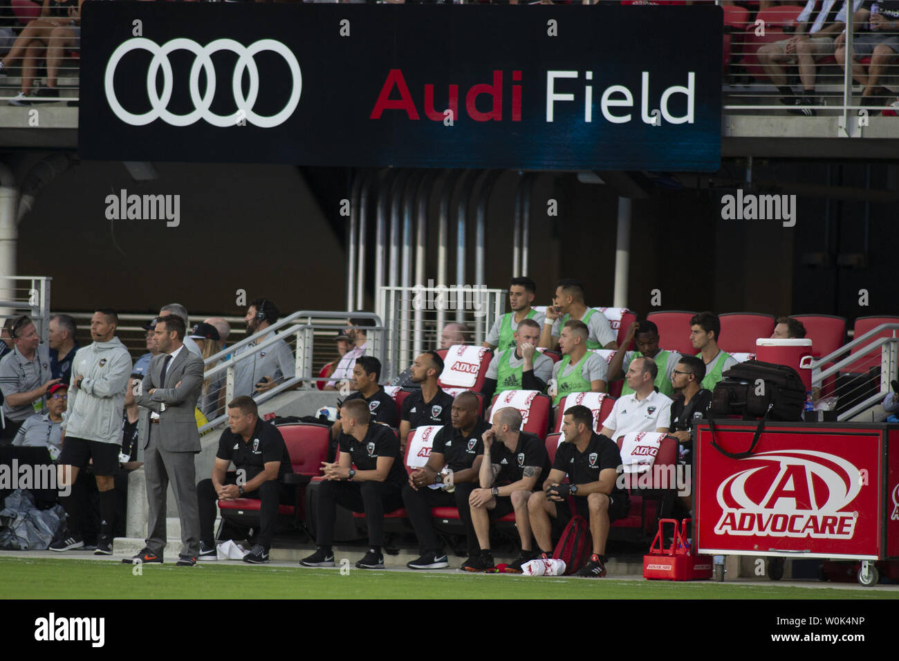 D.C. United forward Wayne Rooney (9) sits on the bench prior to game between D.C. United and Vancouver Whitecaps at Audi Filed in Washington, DC on July 14, 2018. This is D.C. United's first game at the new field. Photo by Alex Edelman/UPI Stock Photo