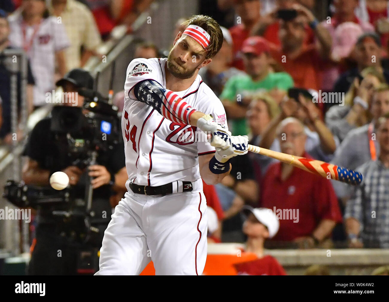 Washington Nationals' Bryce Harper of the National League bats in the 2018  Home Run Derby during the All Star break at Nationals Park in Washington,  D.C. on July 16, 2018. Photo by