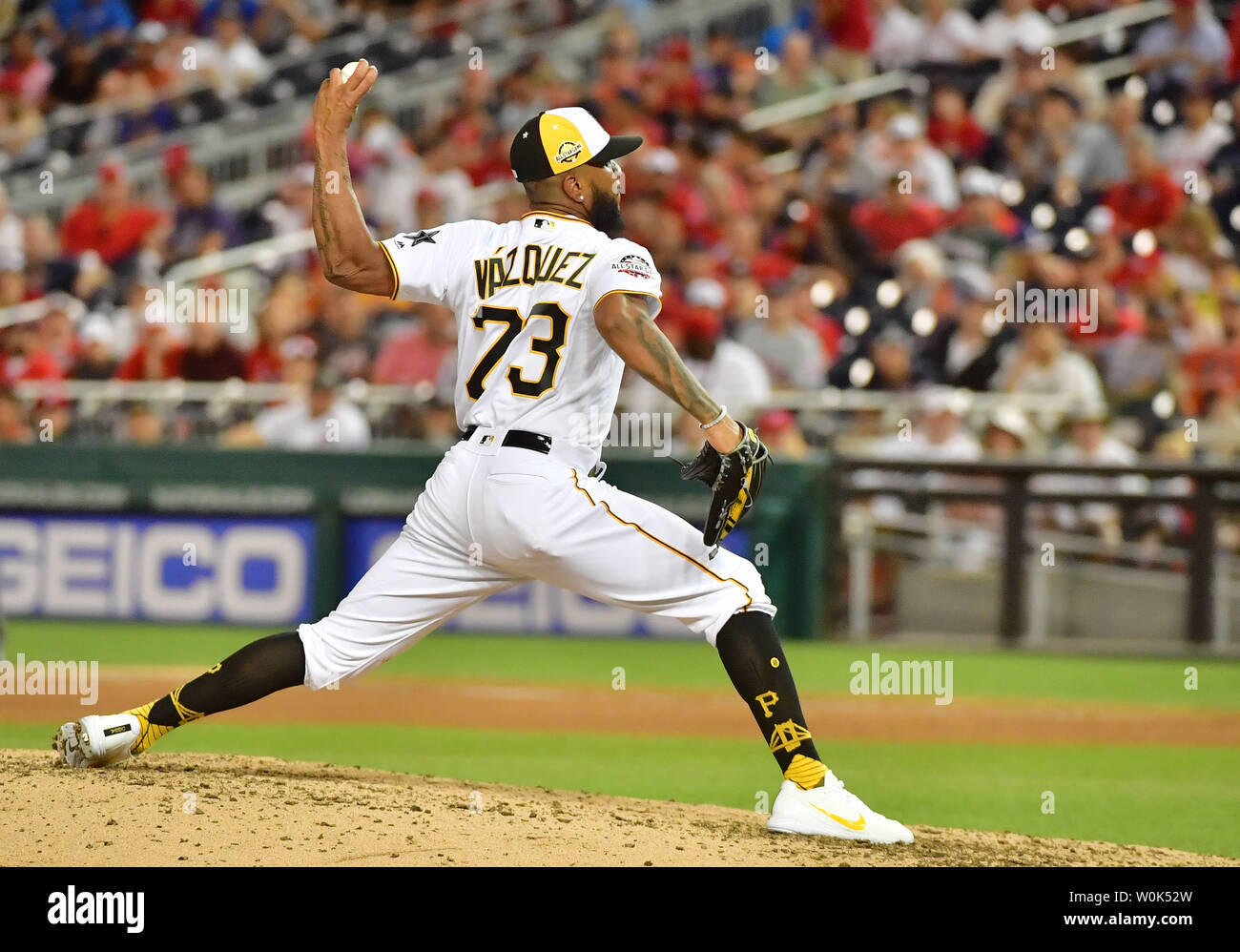 Pittsburgh Pirates pitcher Felipe Vazquez delivers to the American League  during the seventh inning of the MLB All-Star Game at Nationals Park in  Washington, D.C., July 17, 2018. Photo by Kevin Dietsch/UPI