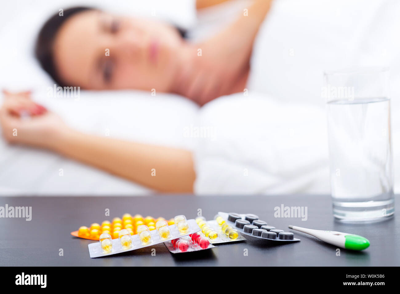 Ill Woman Caught Cold, Having Fever And Measuring Temperature With