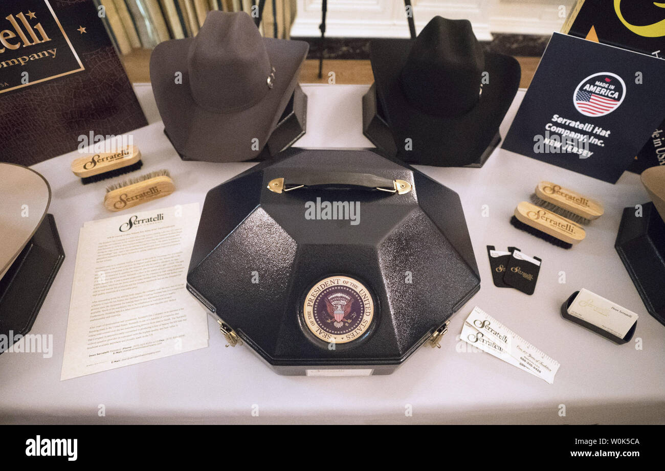 A hat box with the Presidential seal on it is seen at the Serratelli Hat Company display at the Made in America Showcase, at the White House in Washington, D.C. on July 23, 2018. The event highlights American products and manufacturing. Photo by Kevin Dietsch/UPI Stock Photo