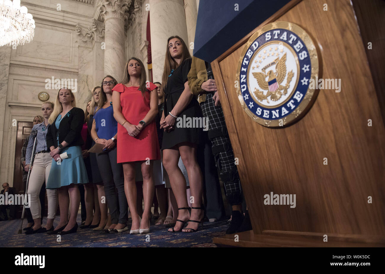 Victims of convicted child molester and former Team USA Olympic doctor Larry Nassar attend a press conference on abuse within gymnastics and youth sports and the necessary reforms needed to keep young athletes safe, on Capitol Hill in Washington, D.C. on July 24, 2018.   Photo by Kevin Dietsch/UPI Stock Photo
