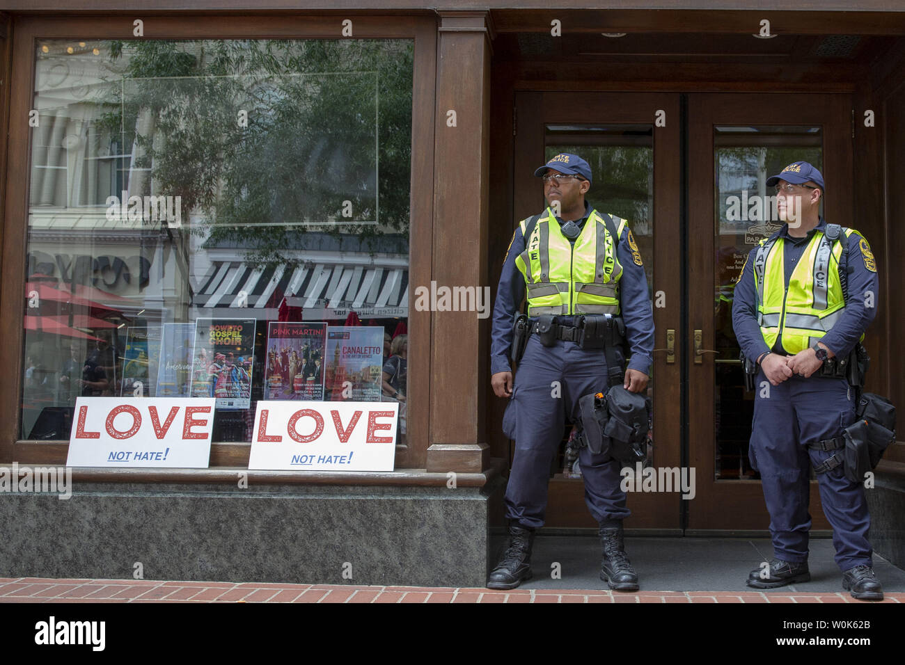 Virginia State Police Troopers stand post in downtown Charlottesville, Virginia on August 11, 2018. A state of emergency has been declared in Virginia as police in Charlottesville and the surrounding area prepare for the first anniversary of the United The Right rally during which a counter-protester, Heather Hayer was killed. Photo by Alex Edelman/UPI Stock Photo