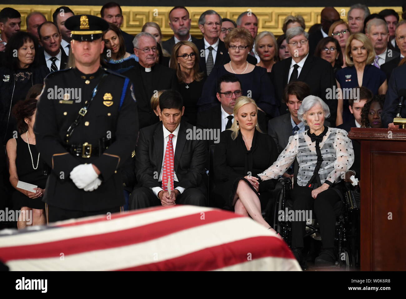 Daughter Cindy McCain and   Senator John McCain's mother Roberta McCain sit by the casket of former Senator John McCain as he lies in state at the U.S. Capitol in Washington, DC on Friday, August 31, 2018.  McCain, an Arizona Republican, presidential candidate, and war hero, died August 25th at the age of 81. He is the 31st person to lie in state at the Capitol in 166 years.    Photo by Pat Benic/UPI Stock Photo