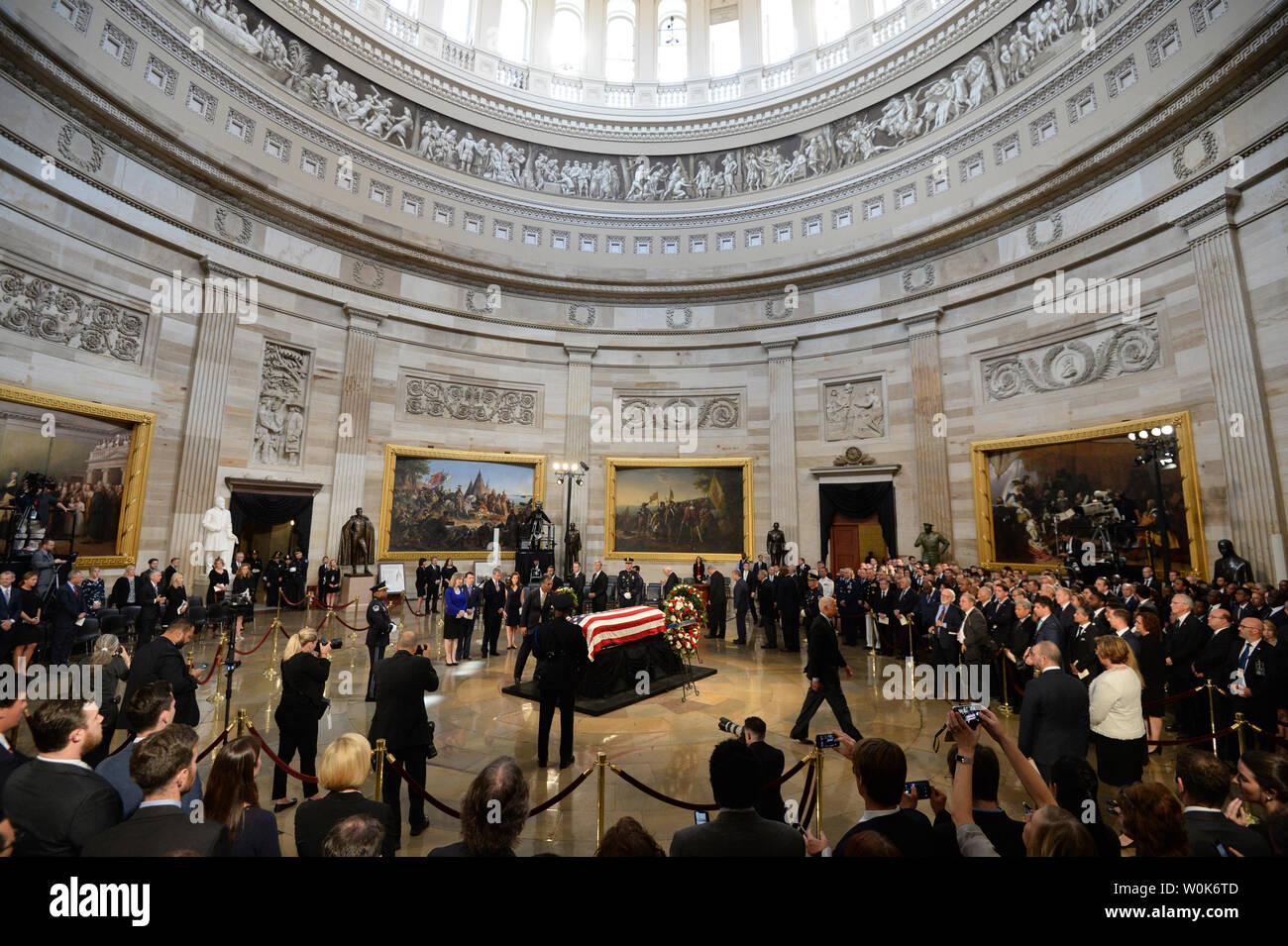 The casket of former Senator John McCain lies in state at the U.S. Capitol in Washington, DC on Friday, August 31, 2018.  McCain, an Arizona Republican, presidential candidate, and war hero, died August 25th at the age of 81. He is the 31st person to lie in state at the Capitol in 166 years.    Photo by Pat Benic/UPI Stock Photo