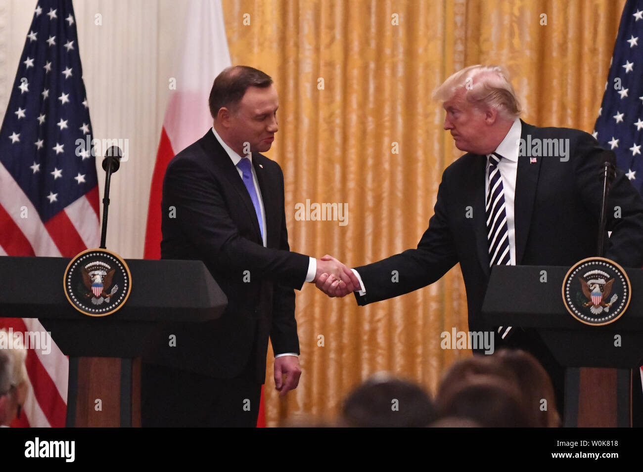 President Donald Trump (R) shakes hands with Polish President Andrzej Duda holds a joint press conference  in the White House in Washington, DC on September 18, 2018.         Photo by Pat Benic/UPI Stock Photo
