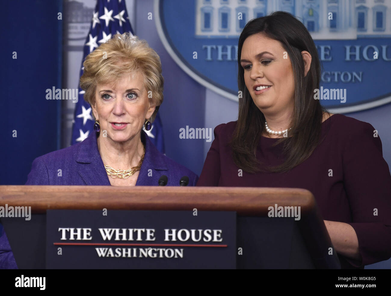 Small Business Administration Administrator Linda Mcmahon L Is Introduced By White House Press Secretary Sarah Huckabee Sanders At The Daily Press Briefing At The White House October 3 18 In Washington Dc