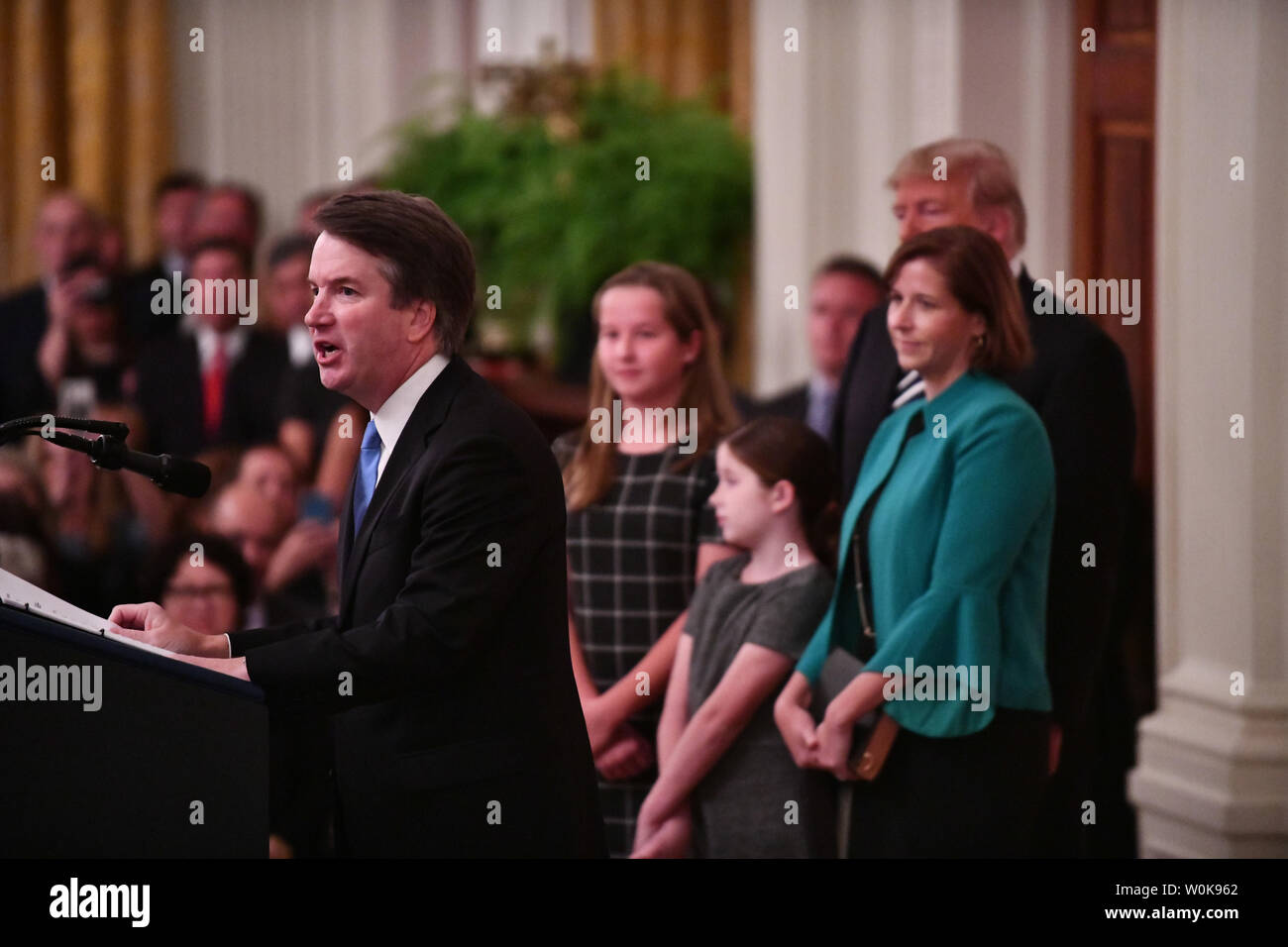 Supreme Court Associate Justice Brett Kavanaugh speaks after takeing the judiciary oath, delivered by retiring Justice Anthony Kennedy, during his ceremonial swearing-in ceremony at the White House with President Donald Trump on October 8, 2018 in Washington, D.C. Kavanaugh was joined by his wife Ashley and their children Liza and Margaret. Photo by Pat Benic/UPI Stock Photo