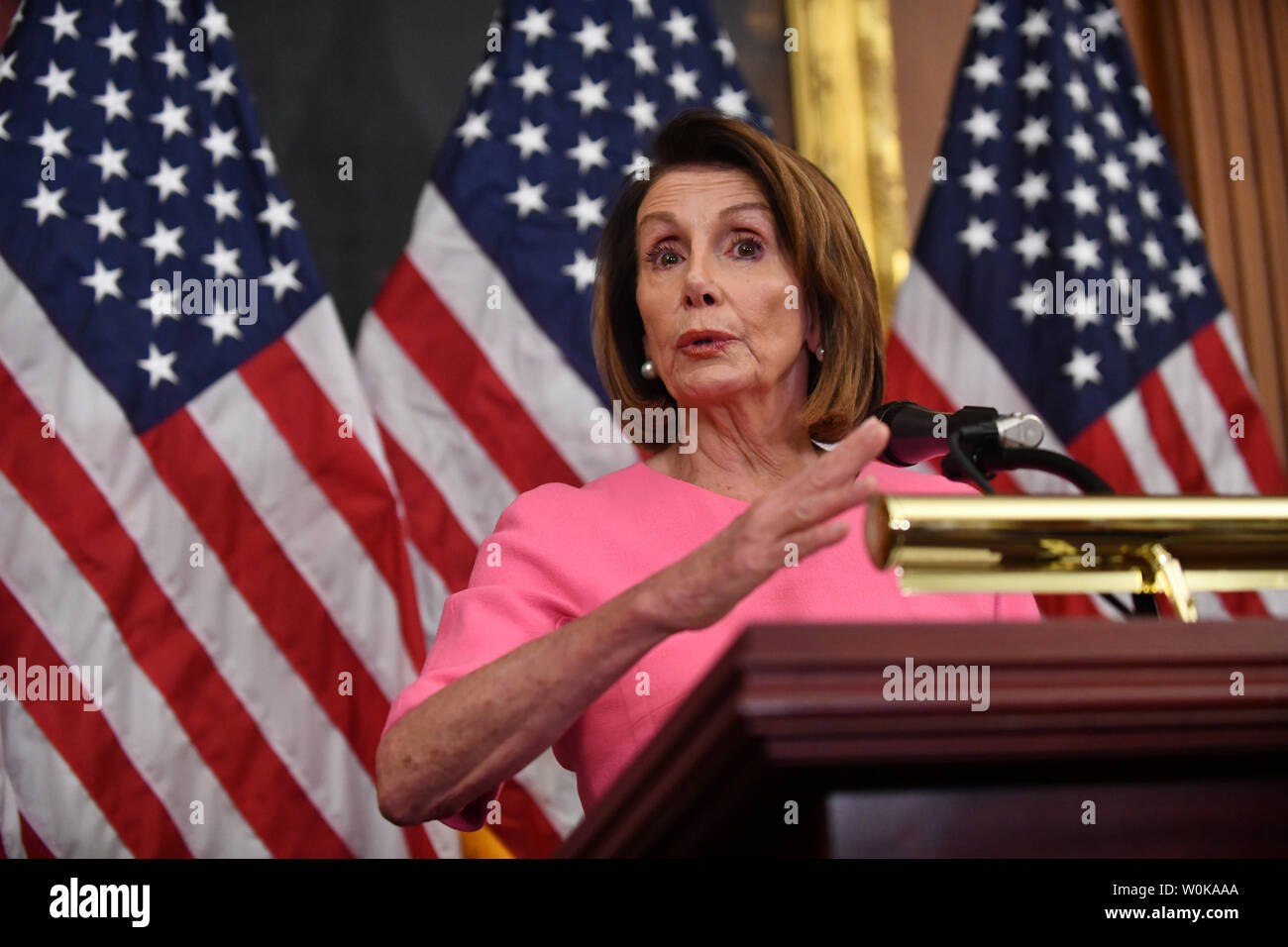 Representative Nancy Pelosi makes a statement at a press conference the day after midterm elections in the U.S. Capitol in Washington, DC on November 7, 2018. Democrats captured a majority in the House of Representatives.     Photo by Pat Benic/UPI Stock Photo