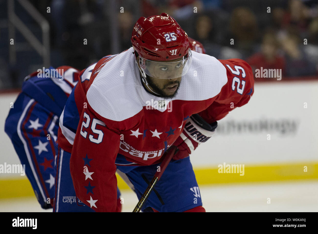 Washington Capitals right wing Devante Smith-Pelly (25) waits for a face off during the second period at Capital One Arena on November 11, 2018. The Washington Capitals host the Arizona Coyotes to end a multi-game home stand. Photo by Alex Edelman/UPI Stock Photo