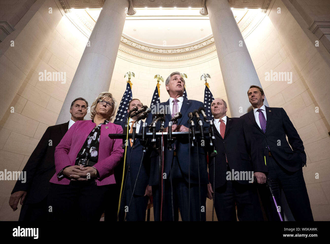 House Majority Leader Kevin McCarthy, R-CA, speaks to the media following House Republican leadership elections for the 116th Congress, at the U.S. Capitol in Washington, D.C. on November 14, 2018. McCarthy, who was elected to serve as the House Minority Leader, was joined by, from left to right, Rep. Gary Palmer, R-AL, who was elected as Republican Policy Committee chairman, Rep. Liz Cheney, R-WY who was elected as Republican Conference Chair, Rep. Jason Smith, R-MO was elected as Republican Conference Secretary, Rep.  Steve Scalise, R-LA was elected as minority whip, and Rep. Mark Walker (R- Stock Photo