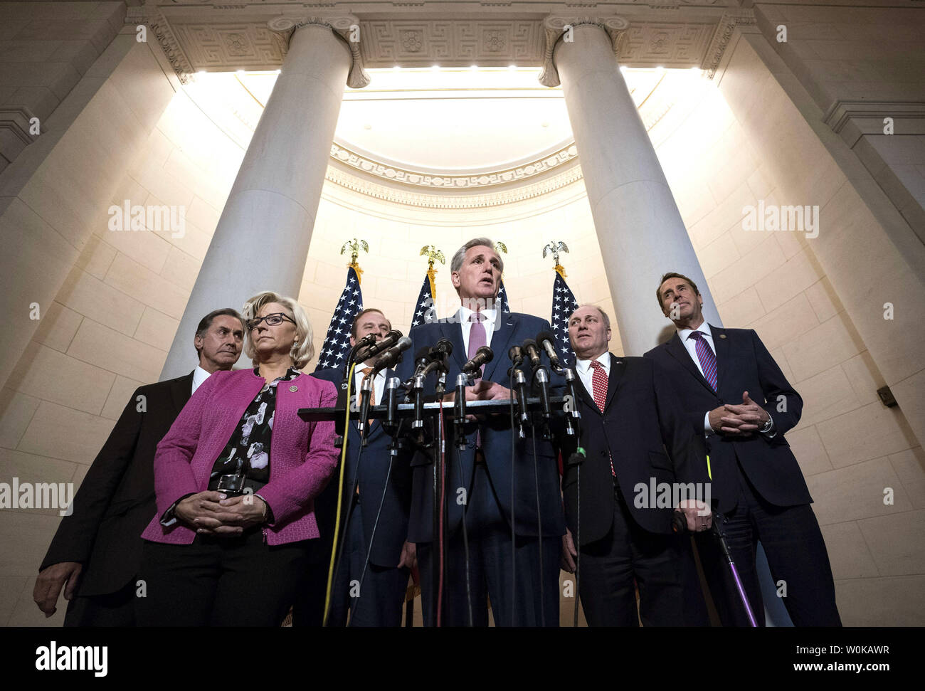 House Majority Leader Kevin McCarthy, R-CA, speaks to the media following House Republican leadership elections for the 116th Congress, at the U.S. Capitol in Washington, D.C. on November 14, 2018. McCarthy, who was elected to serve as the House Minority Leader, was joined by, from left to right, Rep. Gary Palmer, R-AL, who was elected as Republican Policy Committee chairman, Rep. Liz Cheney, R-WY who was elected as Republican Conference Chair, Rep. Jason Smith, R-MO was elected as Republican Conference Secretary, Rep.  Steve Scalise, R-LA was elected as minority whip, and Rep. Mark Walker (R- Stock Photo