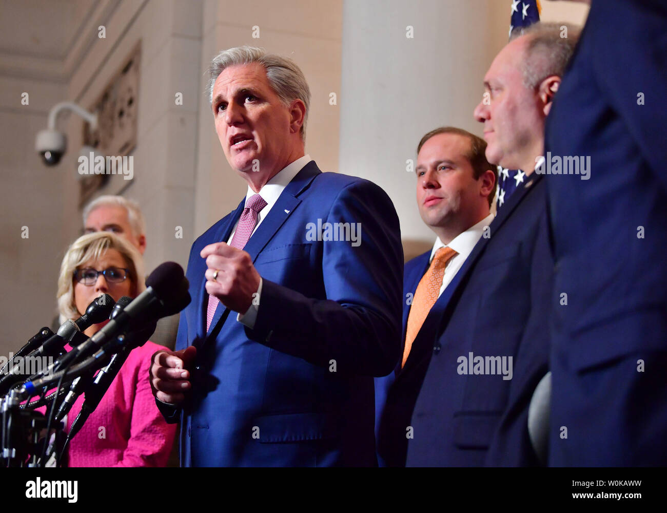 House Majority Leader Kevin McCarthy, R-CA, speaks to the media following House Republican leadership elections for the 116th Congress, at the U.S. Capitol in Washington, D.C. on November 14, 2018. McCarthy, who was elected to serve as the House Minority Leader, was joined by, Rep. Gary Palmer, R-AL, who was elected as Republican Policy Committee chairman, Rep. Liz Cheney, R-WY who was elected as Republican Conference Chair, Rep. Jason Smith, R-MO was elected as Republican Conference Secretary, Rep.  Steve Scalise, R-LA was elected as minority whip, and Rep. Mark Walker (R-N.C.) who was electe Stock Photo