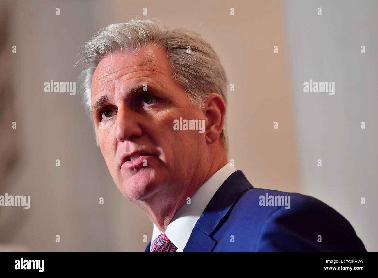 House Majority Leader Kevin McCarthy, R-CA, speaks to the media following House Republican leadership elections for the 116th Congress, at the U.S. Capitol in Washington, D.C. on November 14, 2018. McCarthy, who was elected to serve as the House Minority Leader, was joined by, Rep. Gary Palmer, R-AL, who was elected as Republican Policy Committee chairman, Rep. Liz Cheney, R-WY who was elected as Republican Conference Chair, Rep. Jason Smith, R-MO was elected as Republican Conference Secretary, Rep.  Steve Scalise, R-LA was elected as minority whip, and Rep. Mark Walker (R-N.C.) who was electe Stock Photo