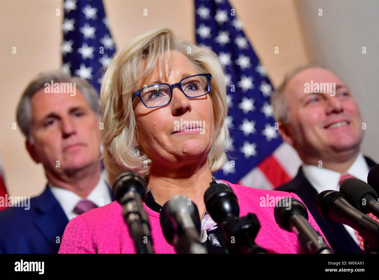 Rep. Liz Cheney, R-WY, speaks to the media after being elected as the Republican Conference Chair following the Republican leadership elections for the 116th Congress, at the U.S. Capitol in Washington, D.C. on November 14, 2018. Rep. Kevin McCarthy, D-CA was elected to serve as the House Minority Leader, Rep. Steve Scalise, R-LA was elected as minority whip, Rep. Gary Palmer, R-AL, was elected as Republican Policy Committee chairman, R, Rep. Jason Smith, R-MO was elected as Republican Conference Secretary, and Rep. Mark Walker (R-N.C.) was elected as Republican Conference Vice Chairman. Photo Stock Photo