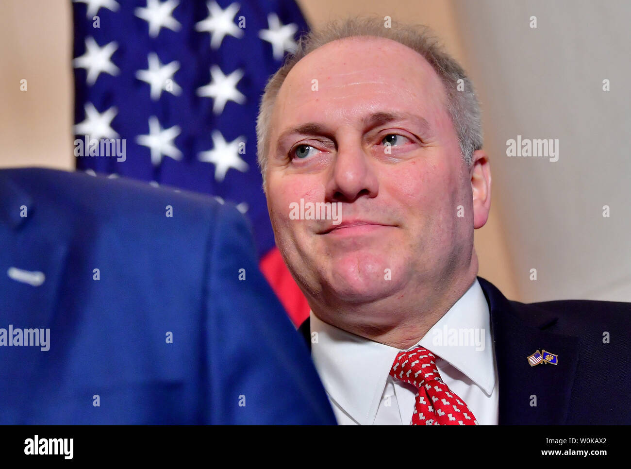 House Majority Whip Steve Scalise, R-LA, attends a press conference following the House Republican leadership elections after he was elected as minority whip for the 116th Congress, at the U.S. Capitol in Washington, D.C. on November 14, 2018. Rep. Kevin McCarthy, D-CA was elected to serve as the House Minority Leader, Rep. Gary Palmer, R-AL, was elected as Republican Policy Committee chairman, Rep. Liz Cheney, R-WY was elected as Republican Conference Chair, Rep. Jason Smith, R-MO was elected as Republican Conference Secretary, and Rep. Mark Walker (R-N.C.) was elected as Republican Conferenc Stock Photo