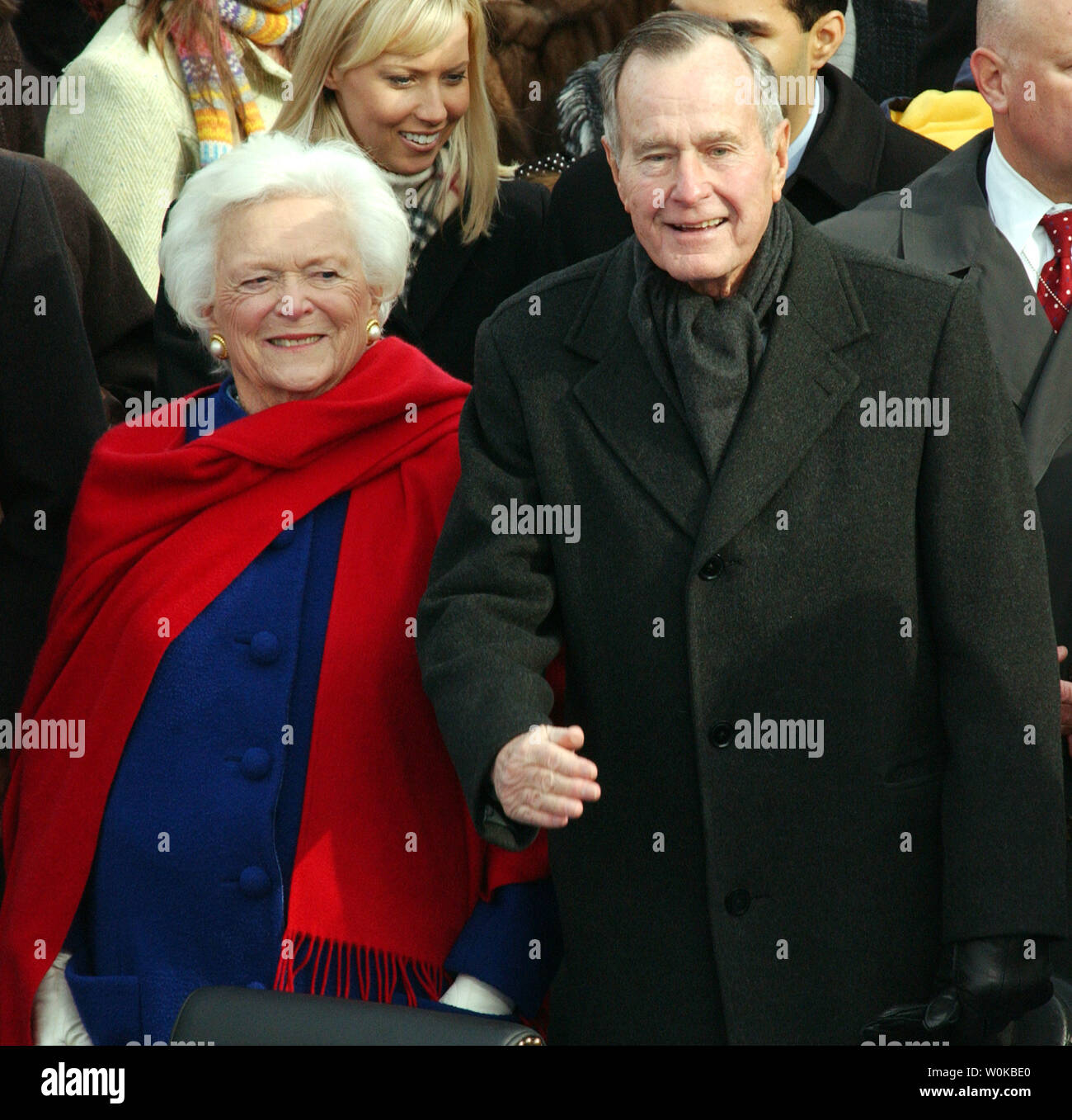 In this file photo, former President George H. W. Bush and his wife Barbara arrive for their son President George W. Bush's second inaugural ceremony on Capitol Hill on Jan. 20, 2005, in Washington.    UPI Photo/Doug Mills Stock Photo