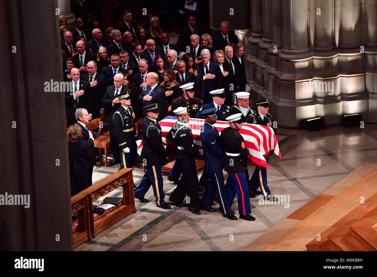 The casket arrives for the funeral of former President George H.W. Bush at the National Cathedral in Washington D.C. on December 5, 2018.   Photo by Kevin Dietsch/UPI Stock Photo