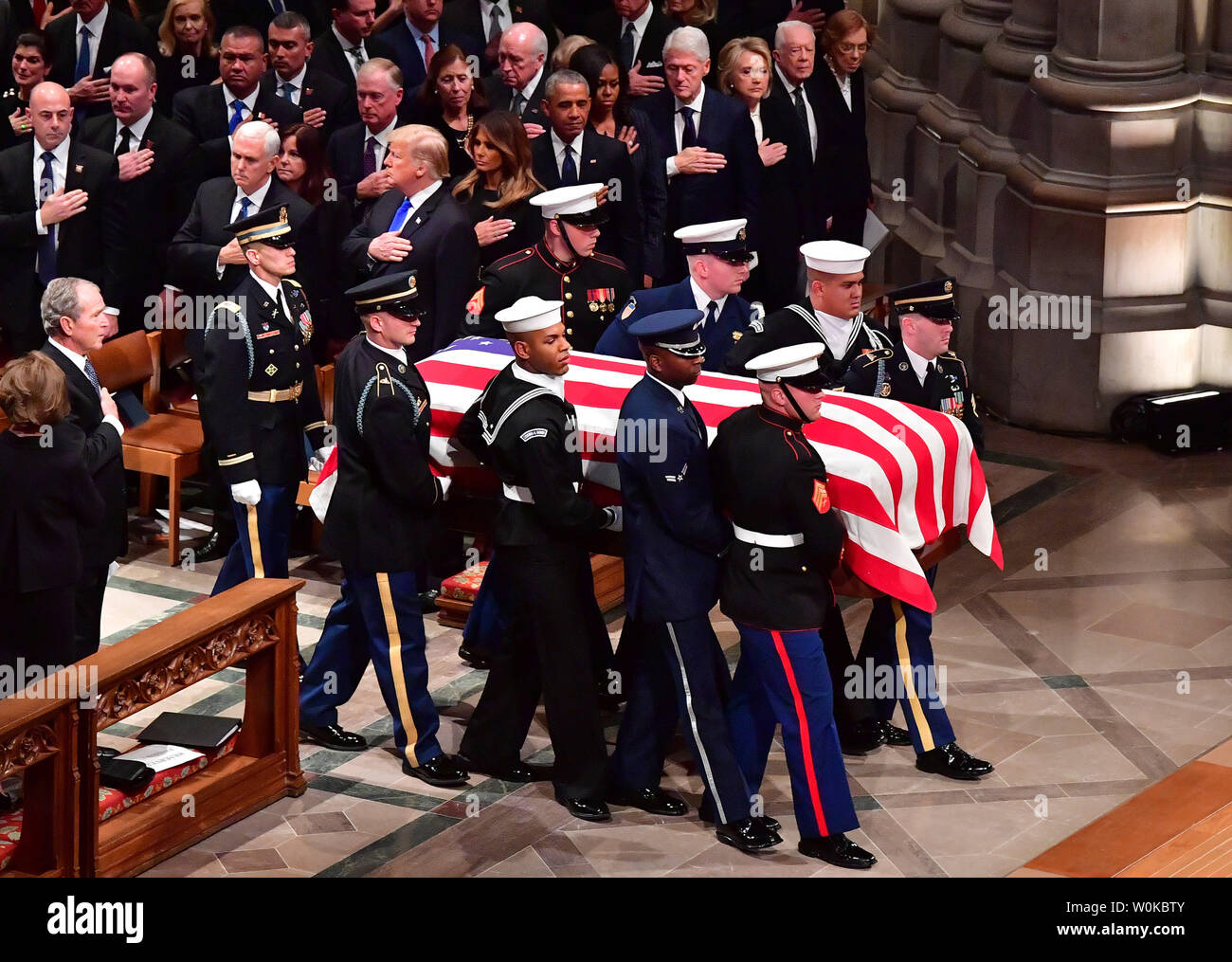 The casket arrives for the funeral of former President George H.W. Bush at the National Cathedral in Washington D.C. on December 5, 2018. Photo by Kevin Dietsch/UPI Stock Photo