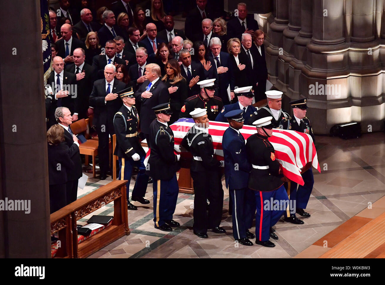 The casket arrives for the funeral of former President George H.W. Bush at the National Cathedral in Washington D.C. on December 5, 2018. Photo by Kevin Dietsch/UPI Stock Photo