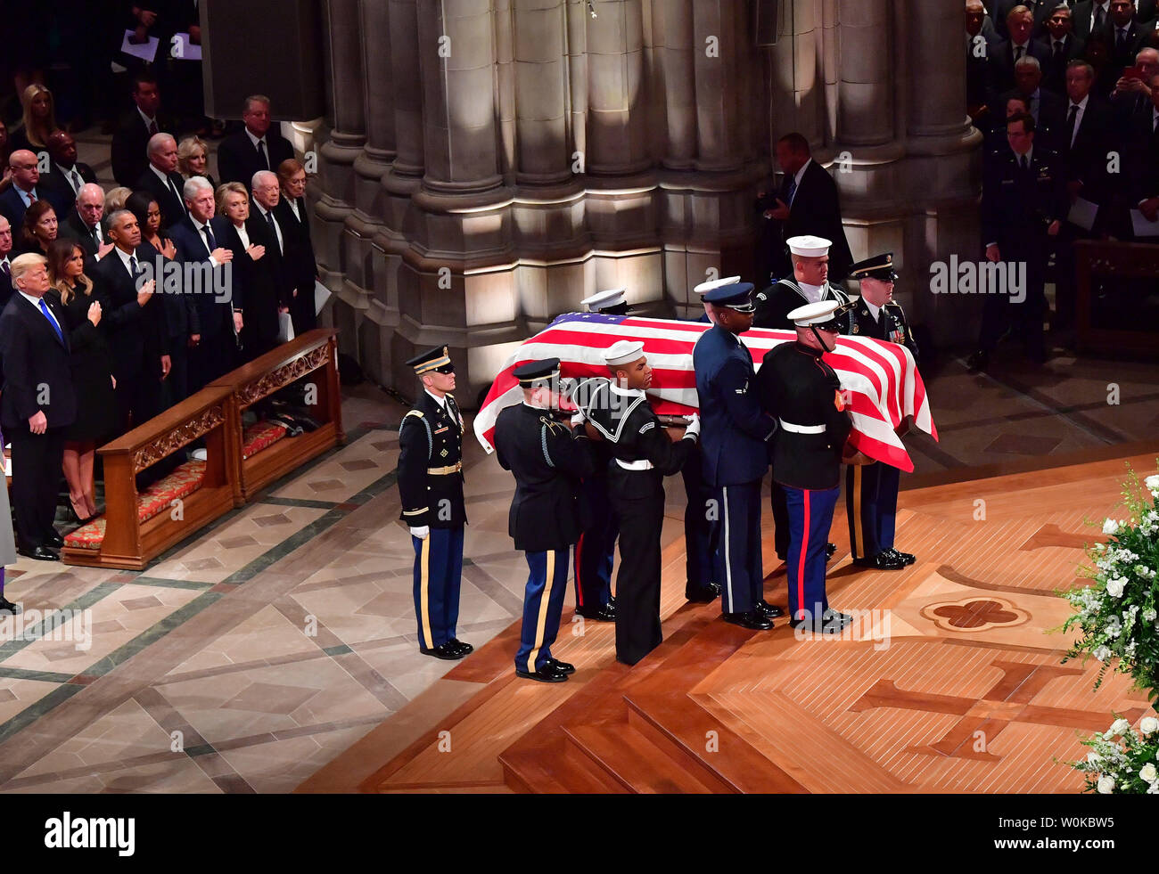 The casket arrives for the funeral of former President George H.W. Bush at the National Cathedral in Washington D.C. on December 5, 2018. Photo by Kevin Dietsch/UPI Stock Photo
