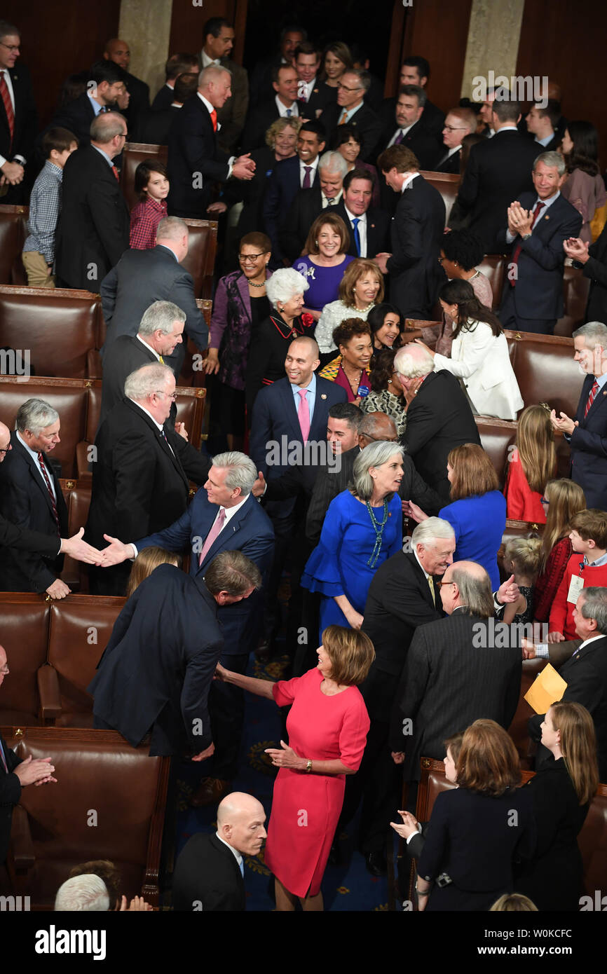 Congresswoman Nancy Pelosi (D-CA ) celebrates being elected Speaker of the House with members of Congress at the 116th U.S. Congress in the House Chamber on Capitol Hill in Washington, DC on January 3, 2019. Pelosi, 52nd Speaker of the House, became the first official to return to that position since Sam Rayburn in 1955.   Photo by Pat Benic/UPI Stock Photo