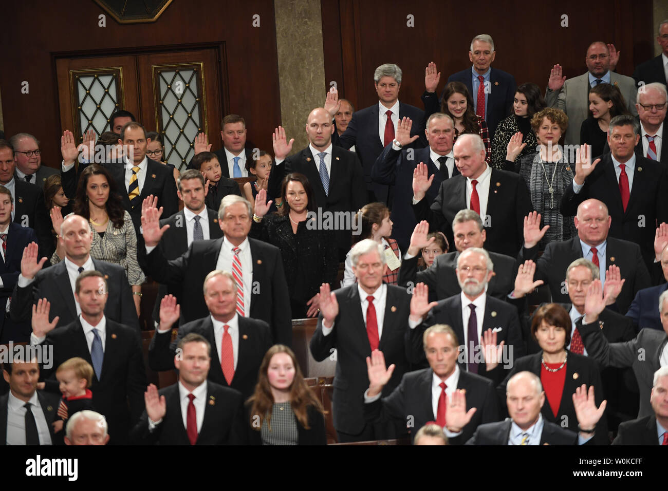 Representatives iin the 116th U.S. Congress take the Oath of Office in the House Chamber on Capitol Hill in Washington, DC on January 3, 2019. Rep. Nancy Pelosi, 52nd Speaker of the House, became the first official to return to that position since Sam Rayburn in 1955.   Photo by Pat Benic/UPI Stock Photo
