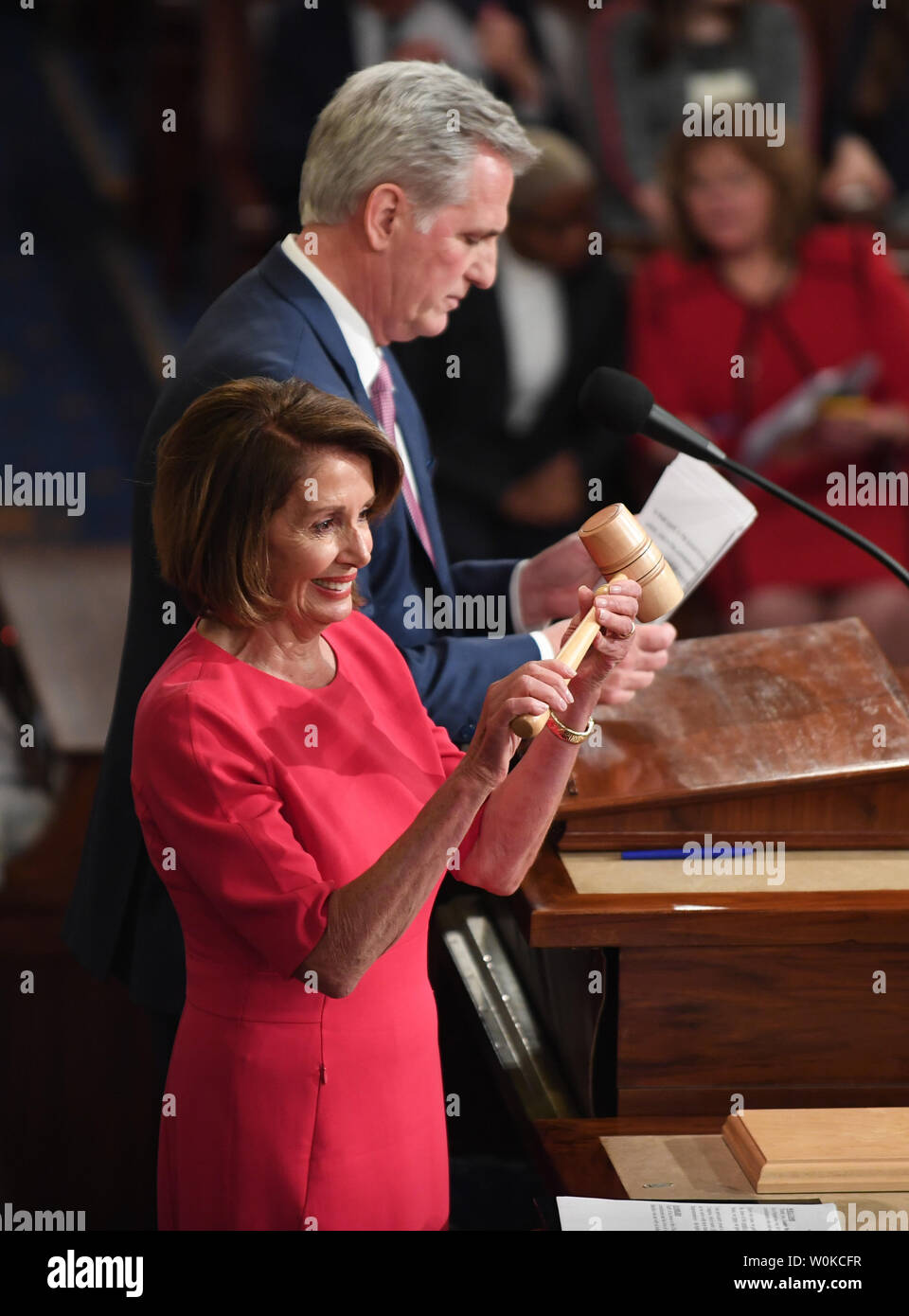 Congresswoman Nancy Pelosi (D-CA ), newly elected Speaker of the House of the 116th U.S. Congress, holds the gavel of office received from House Minority Leader Kevin McCarthy in the House Chamber on Capitol Hill in Washington, DC on January 3, 2019. Pelosi, 52nd Speaker of the House, became the first official to return to that position since Sam Rayburn in 1955.   Photo by Pat Benic/UPI Stock Photo