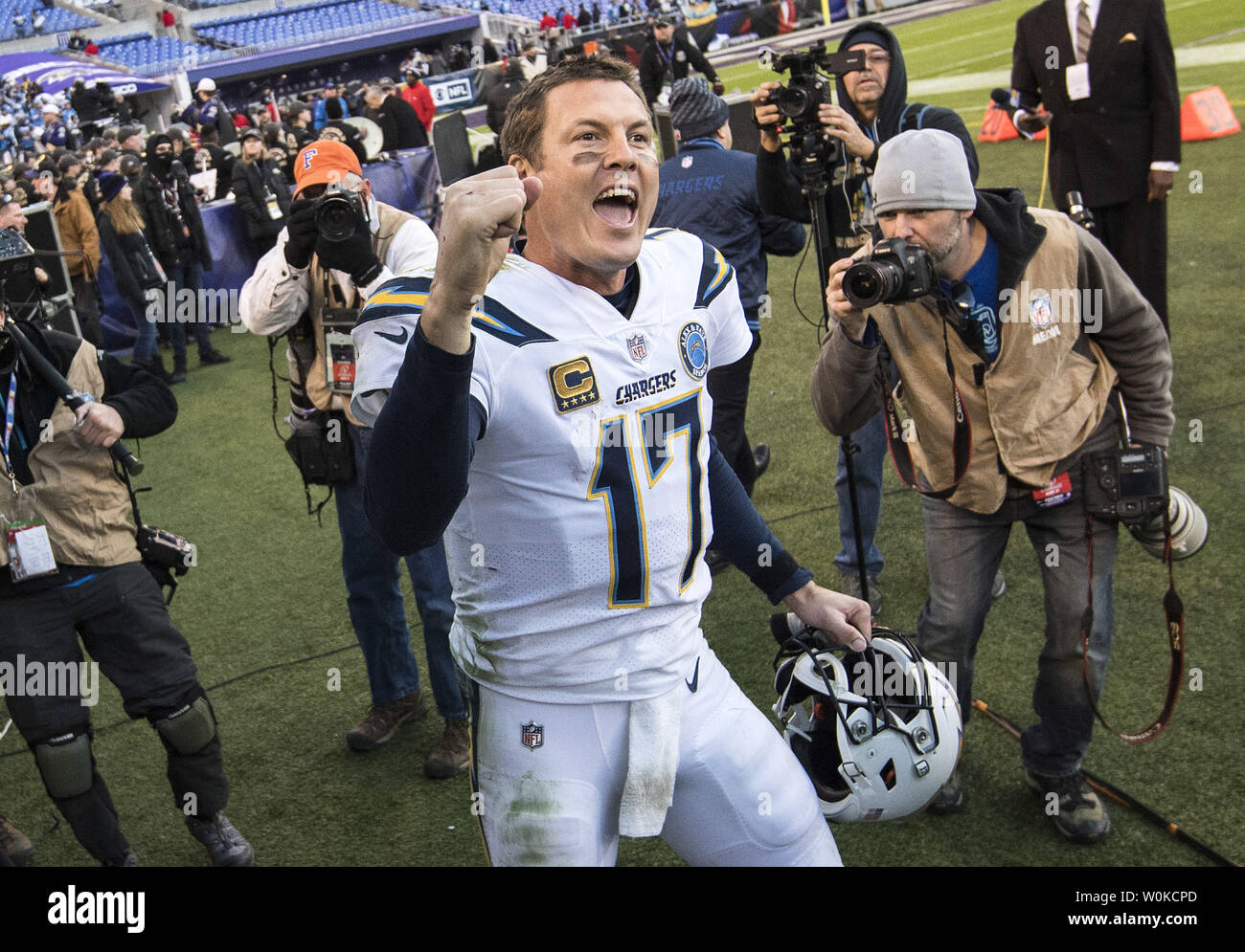 Los Angeles Chargers quarterback Philip Rivers celebrates after the ...