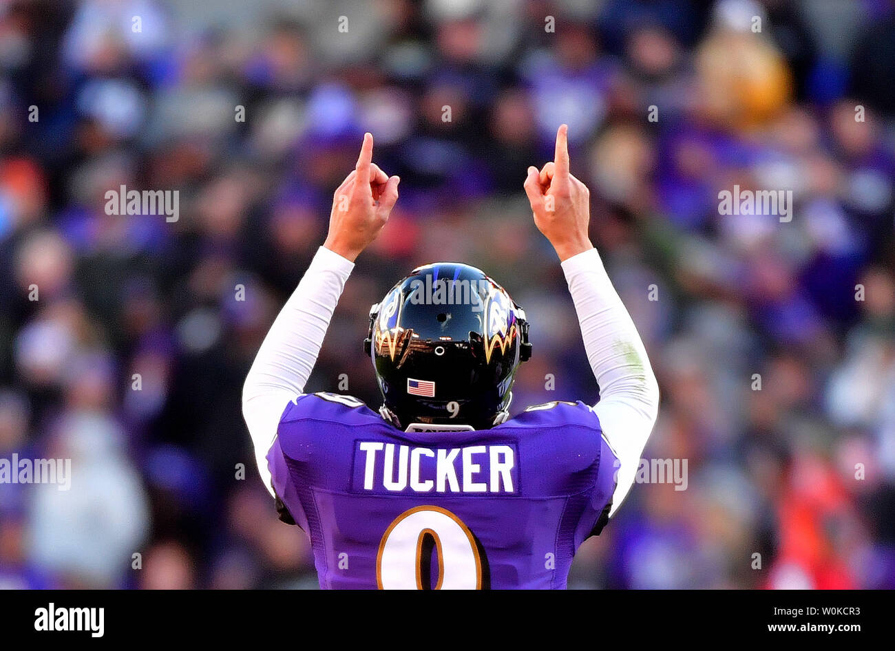 Baltimore Ravens kicker Justin Tucker (9) celebrates a field goal against  the Los Angeles Chargers in the second half of their AFC Wild Card playoff  game at M&T Bank Stadium in Baltimore,