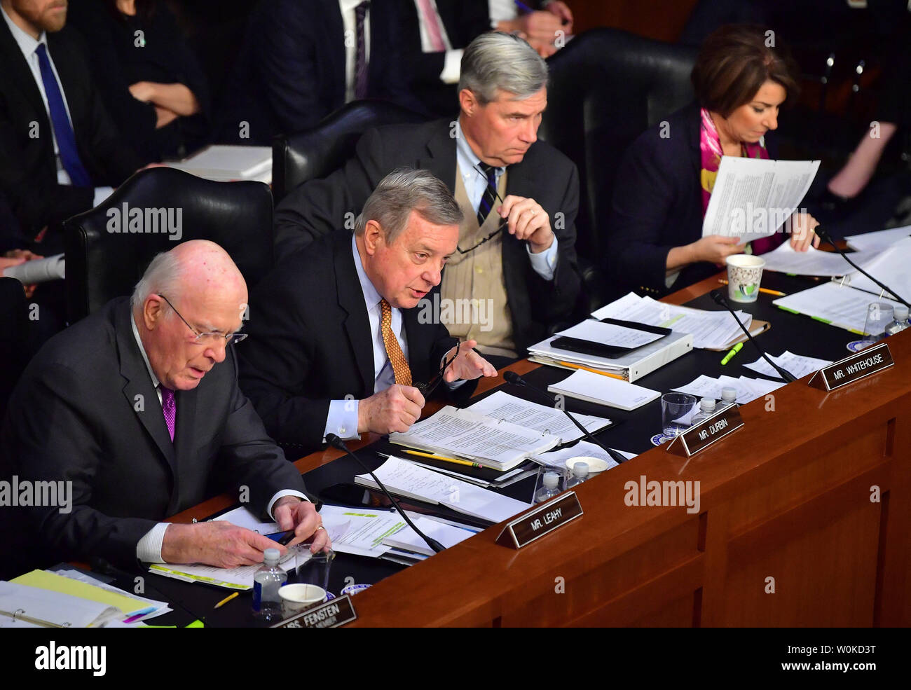 Sen. Richard Durbin, D-IL, (2nd-L), joined by fellow democrats, question Attorney General nominee William Barr during his Senate Judiciary Committee confirmation hearing on Capitol Hill in Washington, DC on January 15, 2019. Barr will face questions regarding the use of presidential executive power and the Russian probe by the Justice Department into the 2016 national election. Photo by Kevin Dietsch/UPI Stock Photo