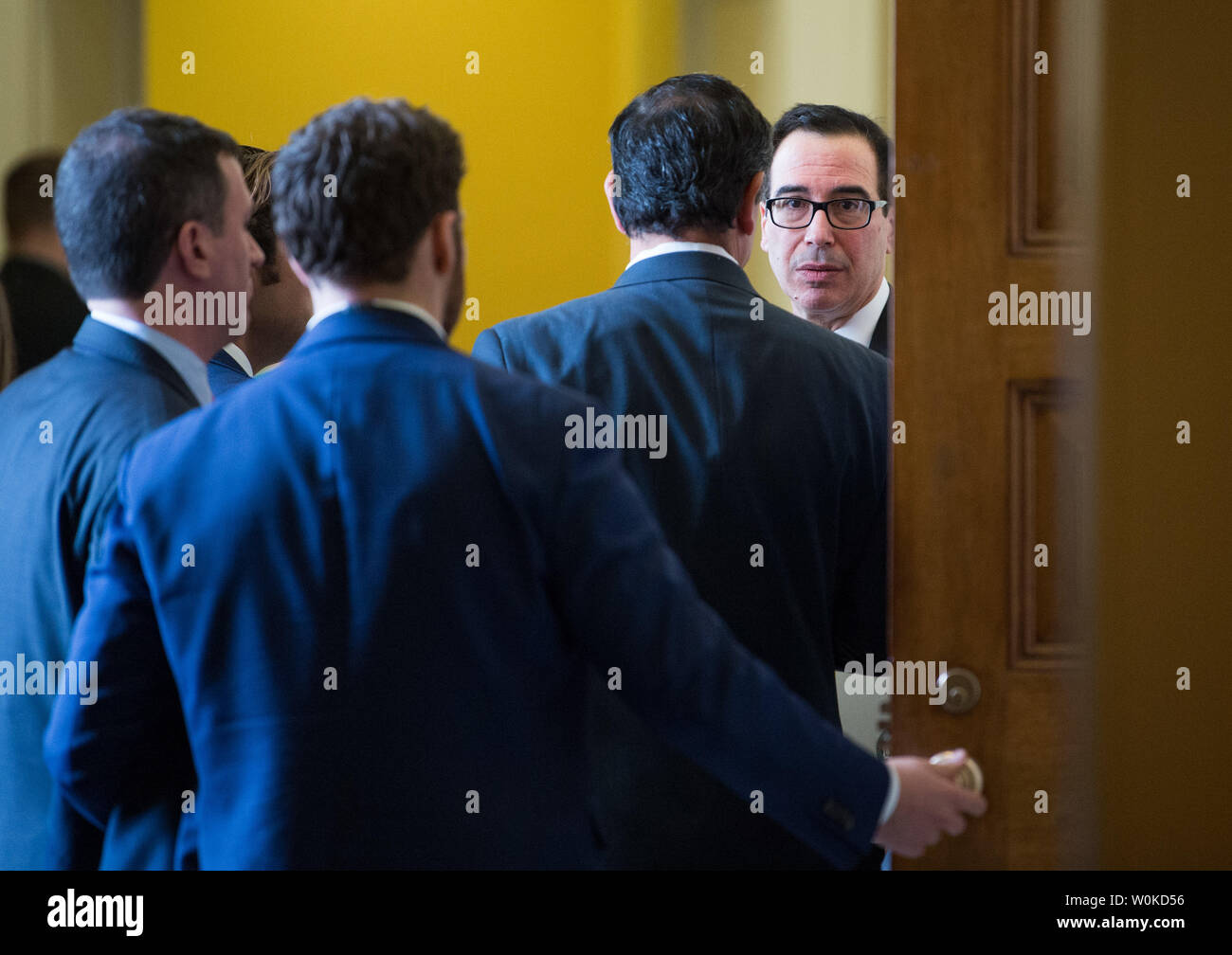 Treasury Secretary Steve Mnuchin leaves the Republican policy luncheon on Capitol Hill, on January 15, 2019 in Washington, D.C. Mnuchin was on Capitol Hill to discuss Russian sanctions. Photo by Kevin Dietsch/UPI Stock Photo
