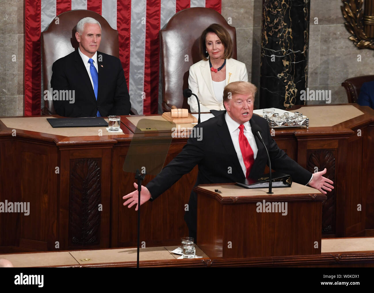 President Donald Trump delivers his State of the Union address to a joint session of Congress in the House Chamber of the U.S. Capitol in Washington, DC on February 5, 2019. Vice President Mike Pence and Speaker of the House Nancy Pelose watch in background.   Photo by  Pat Benic/UPI Stock Photo