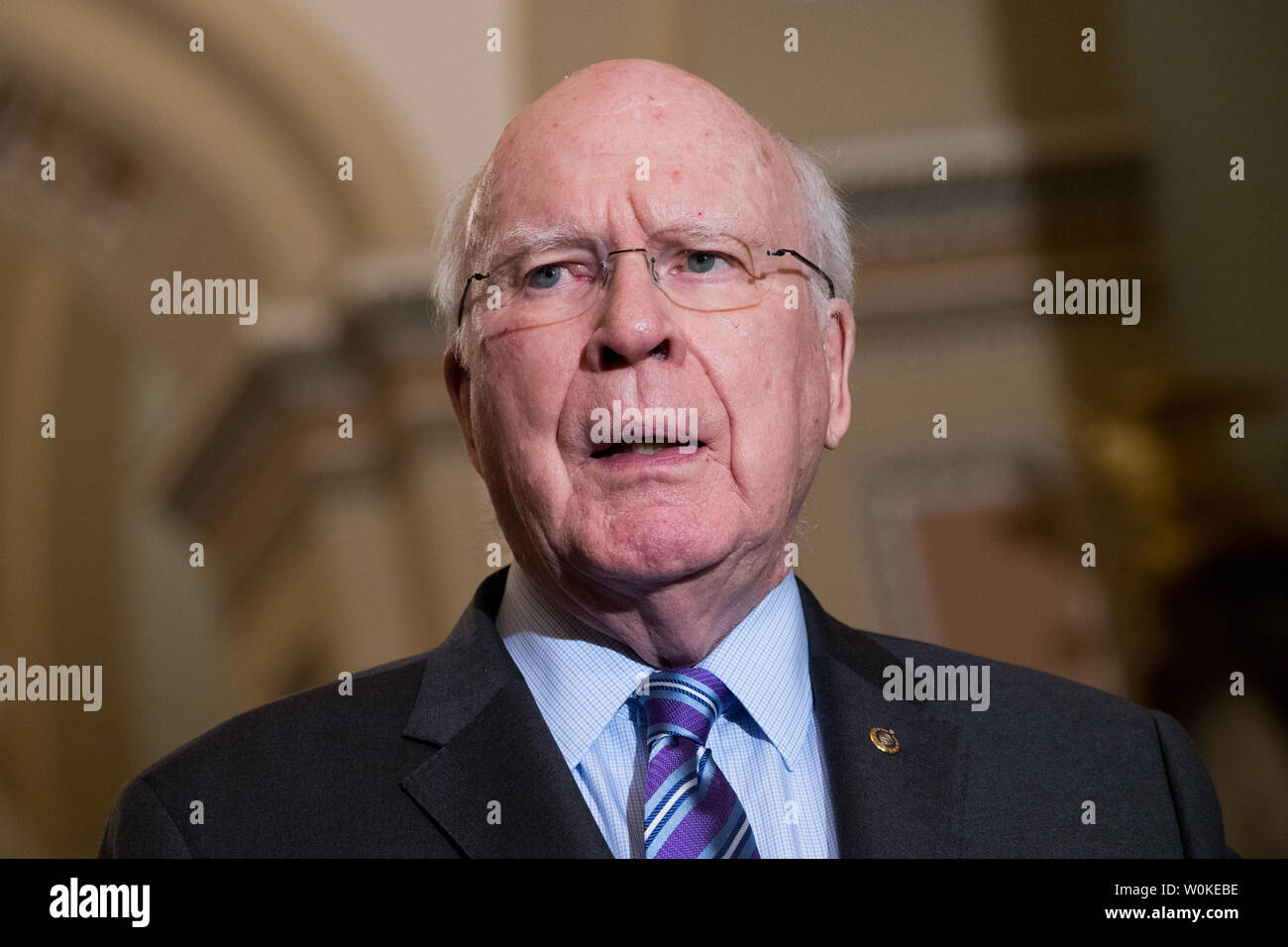 Sen. Patrick Leahey, D-VT, speaks about the tentative government funding deal to avoid another government shutdown, on Capitol Hill in Washington, D.C. on February 12, 2019. Photo by Kevin Dietsch/UPI Stock Photo