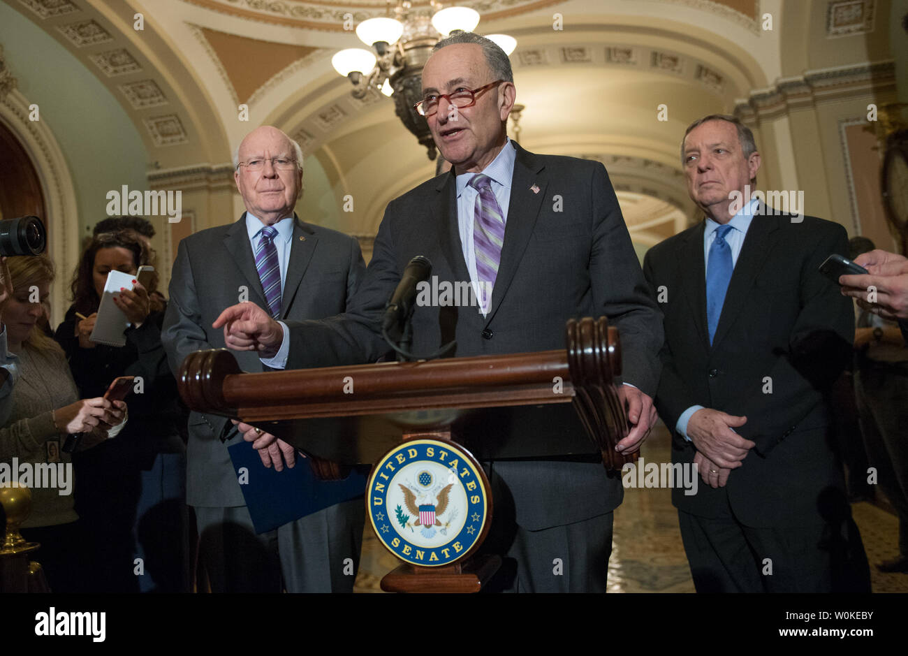 Senate Minority Leader Charles Schumer, D-NY, speaks about the tentative government funding deal to avoid another government shutdown, on Capitol Hill in Washington, D.C. on February 12, 2019. Photo by Kevin Dietsch/UPI Stock Photo