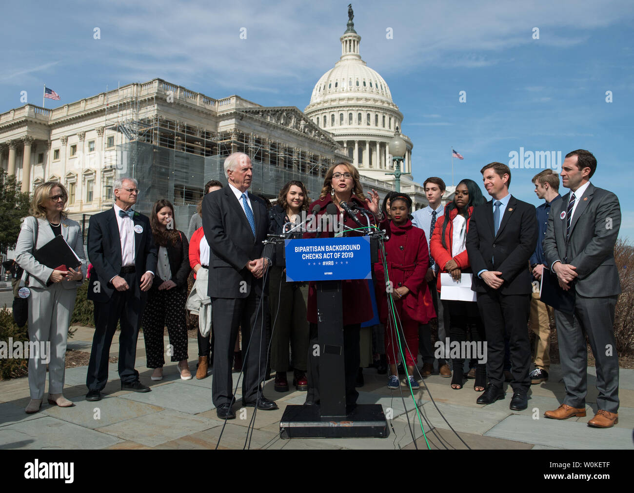 Former Rep. Gabrielle Giffords, D-Ariz., speaks at a news conference on H.R.8, the Bipartisan Background Checks Act of 2019, on Capitol Hill in Washington, D.C. on February 26, 2019. The bill mandates background checks for all firearm sales. Photo by Kevin Dietsch/UPI Stock Photo