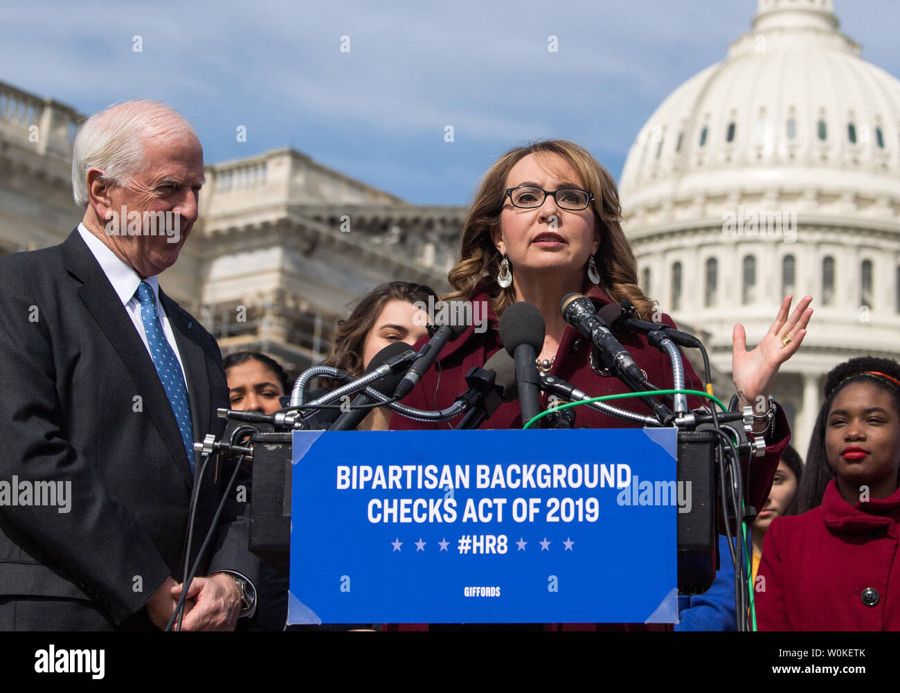 Former Rep. Gabrielle Giffords, D-Ariz., speaks alongside Rep. Mike Thompson, D-Calif., at a news conference on H.R.8, the Bipartisan Background Checks Act of 2019, on Capitol Hill in Washington, D.C. on February 26, 2019. The bill mandates background checks for all firearm sales. Photo by Kevin Dietsch/UPI Stock Photo