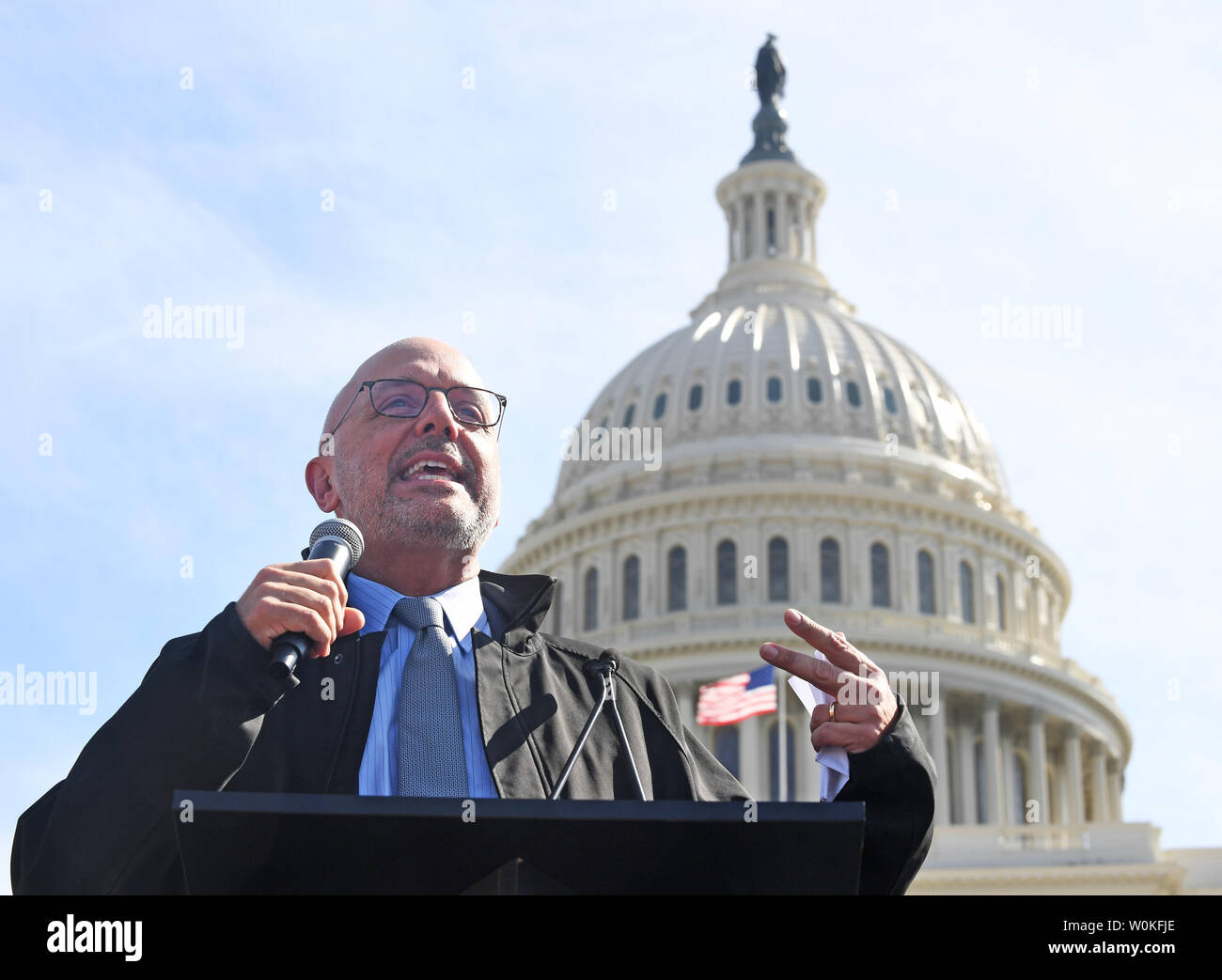Congressman Ted Deutch (D-FL), the representative from the district in Florida where the Stoneman Douglas High School shooting occurred, speaks at a rally in front of the Capitol in Washington, DC on March 14, 2019. Students from  the Washington, DC area  rallied at the White House and marched to the Capitol in protest of gun violence.               Photo by Pat Benic/UPI Stock Photo