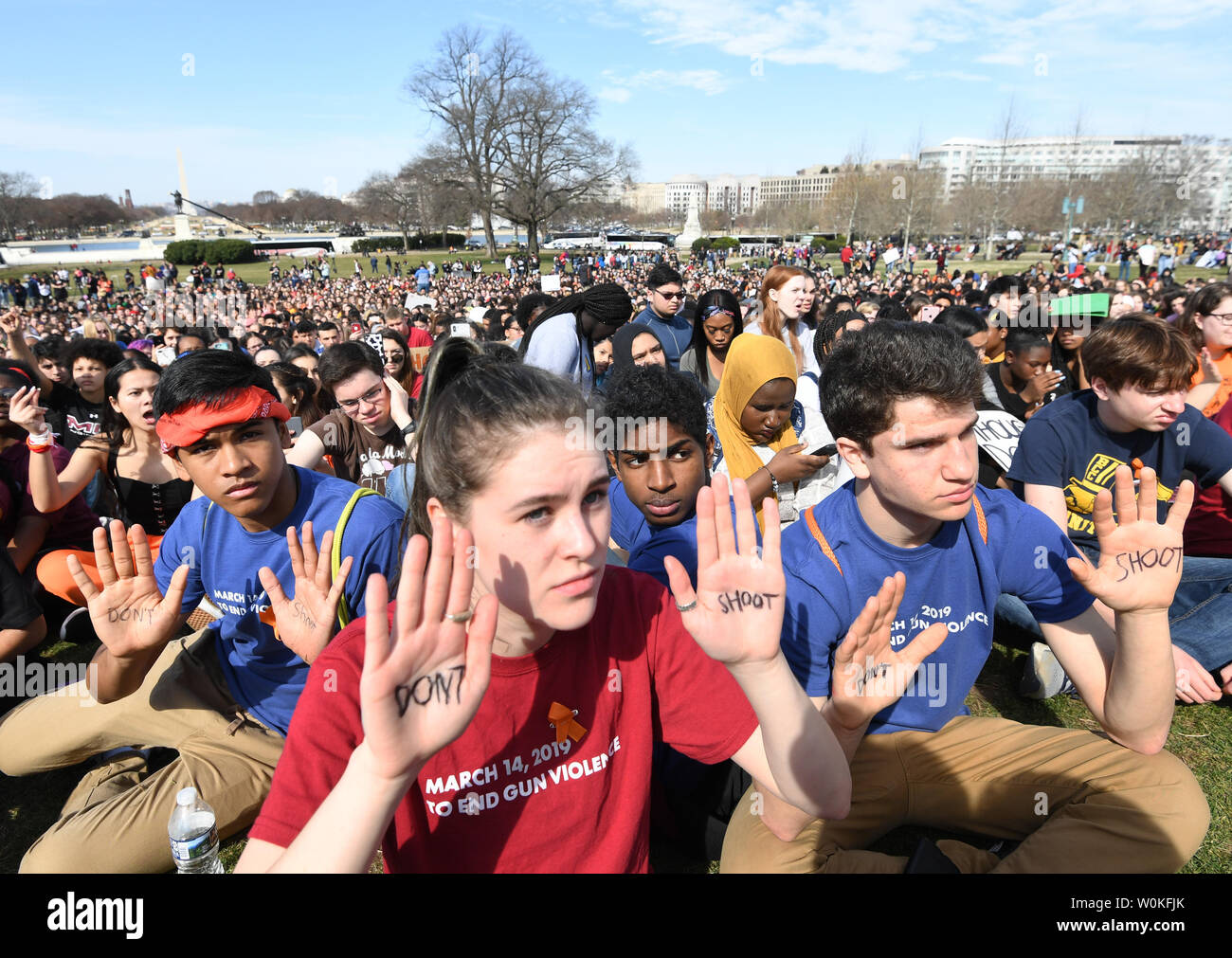 Students from  the Washington, DC area stage a walkout and march in protest of gun violence in Washington, DC on March 14, 2019. The group rallied at the White House and marched to the Capitol.               Photo by Pat Benic/UPI Stock Photo
